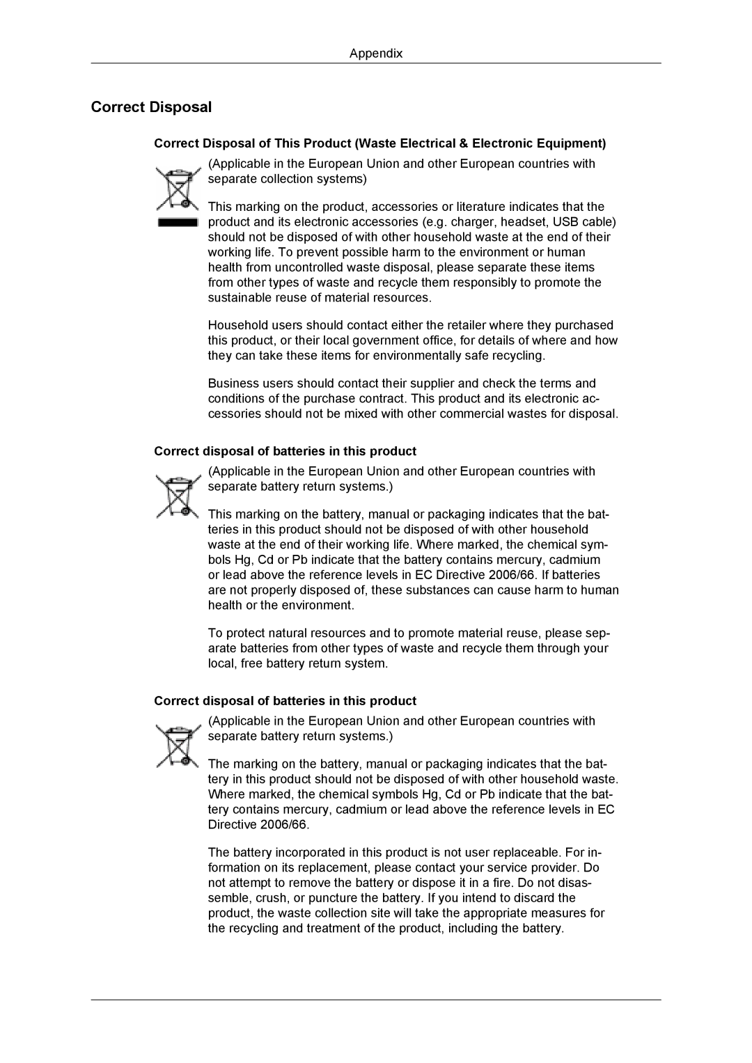 Samsung LH55CSPLBC/XJ, LH55CSPLBC/EN, LH55CSPLBC/XY manual Correct Disposal, Correct disposal of batteries in this product 