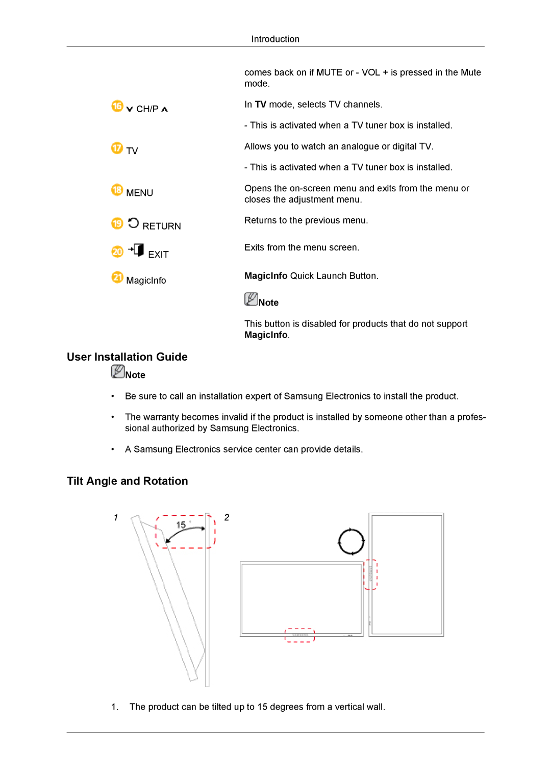 Samsung LH55CSPLBC/XJ, LH55CSPLBC/EN, LH55CSPLBC/XY manual User Installation Guide, Tilt Angle and Rotation, MagicInfo 