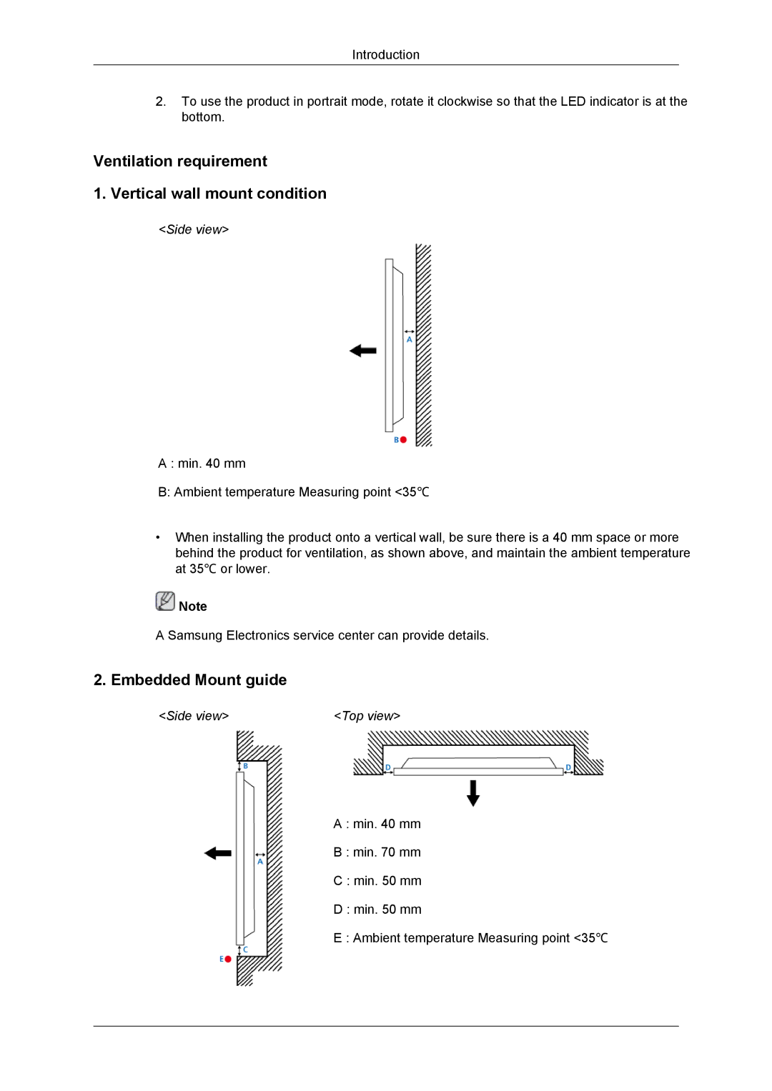 Samsung LH55CSPLBC/XY, LH55CSPLBC/EN manual Ventilation requirement Vertical wall mount condition, Embedded Mount guide 