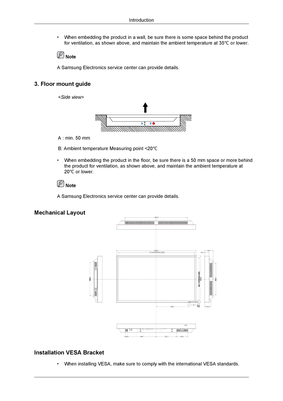Samsung LH55CSPLBC/NG, LH55CSPLBC/EN, LH55CSPLBC/XJ manual Floor mount guide, Mechanical Layout Installation Vesa Bracket 