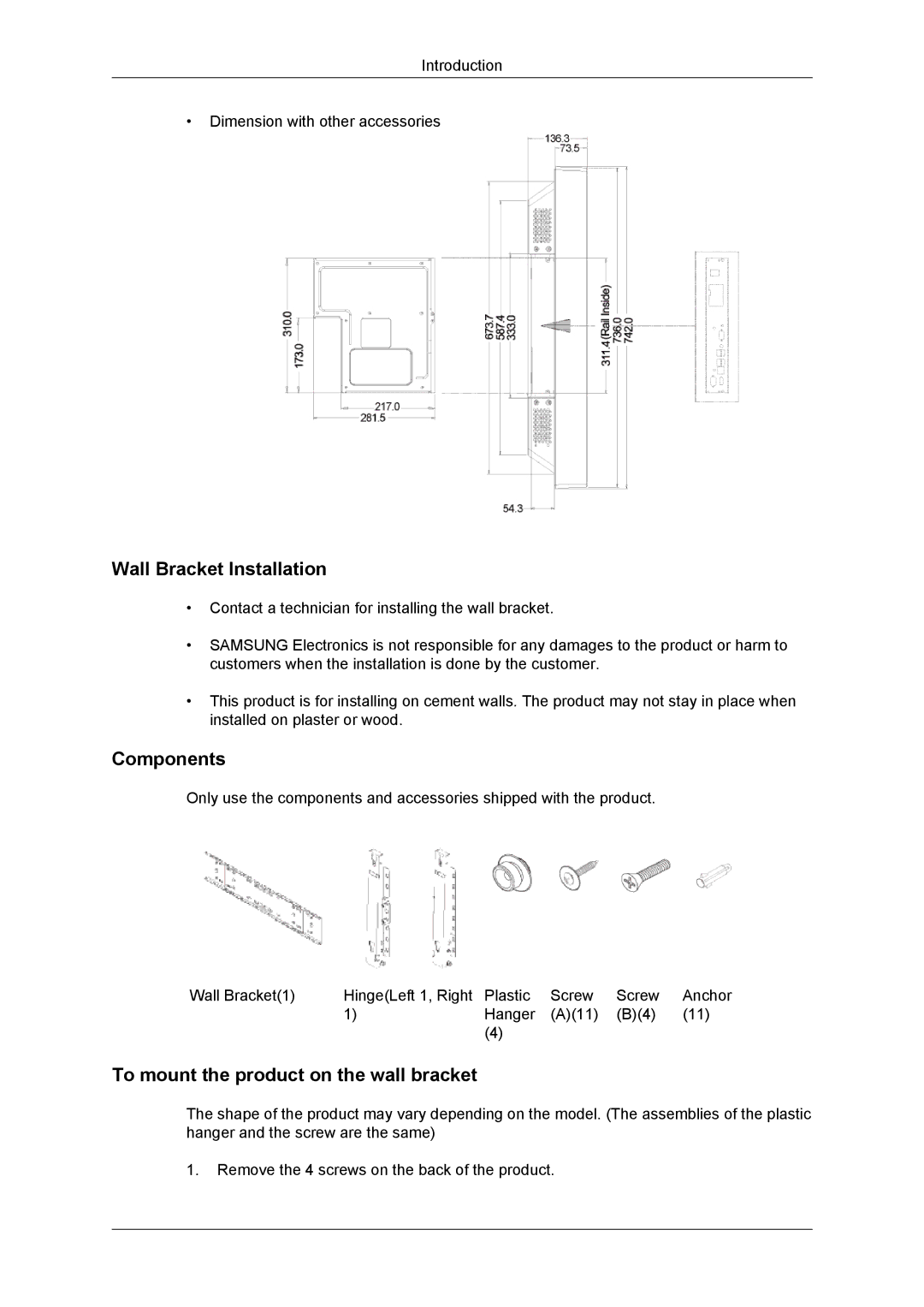 Samsung LH55CSPLBC/XJ, LH55CSPLBC/EN manual Wall Bracket Installation, Components, To mount the product on the wall bracket 