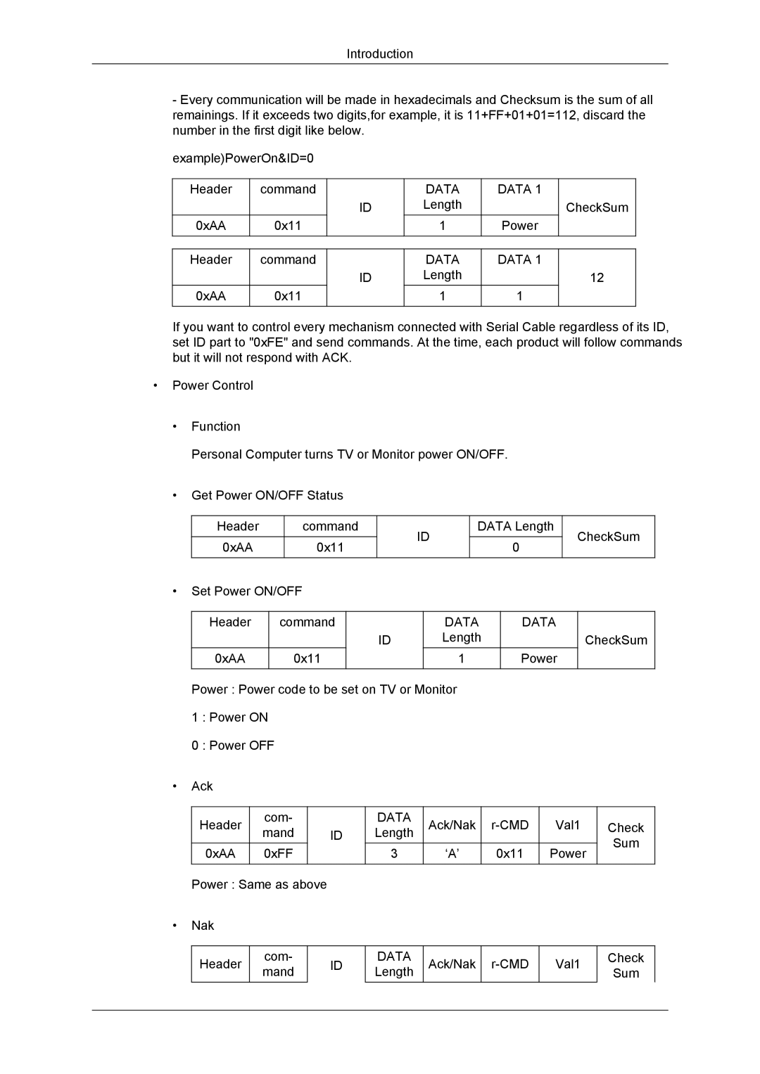 Samsung LH55CSPLBC/XJ, LH55CSPLBC/EN, LH55CSPLBC/XY, LH55CSPLBC/NG, LH55CSPLBC/HD Power CheckSum Header 0xAA Command 0x11 