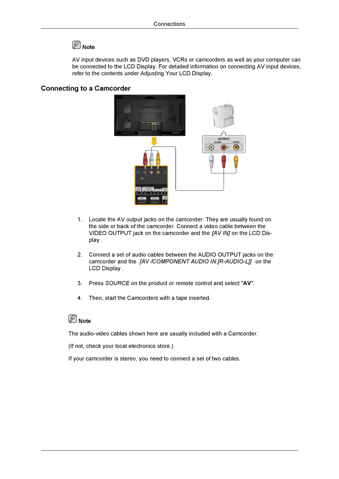 Samsung LH55CSPLBC/XY, LH55CSPLBC/EN, LH55CSPLBC/XJ, LH55CSPLBC/NG, LH55CSPLBC/HD manual Connecting to a Camcorder 