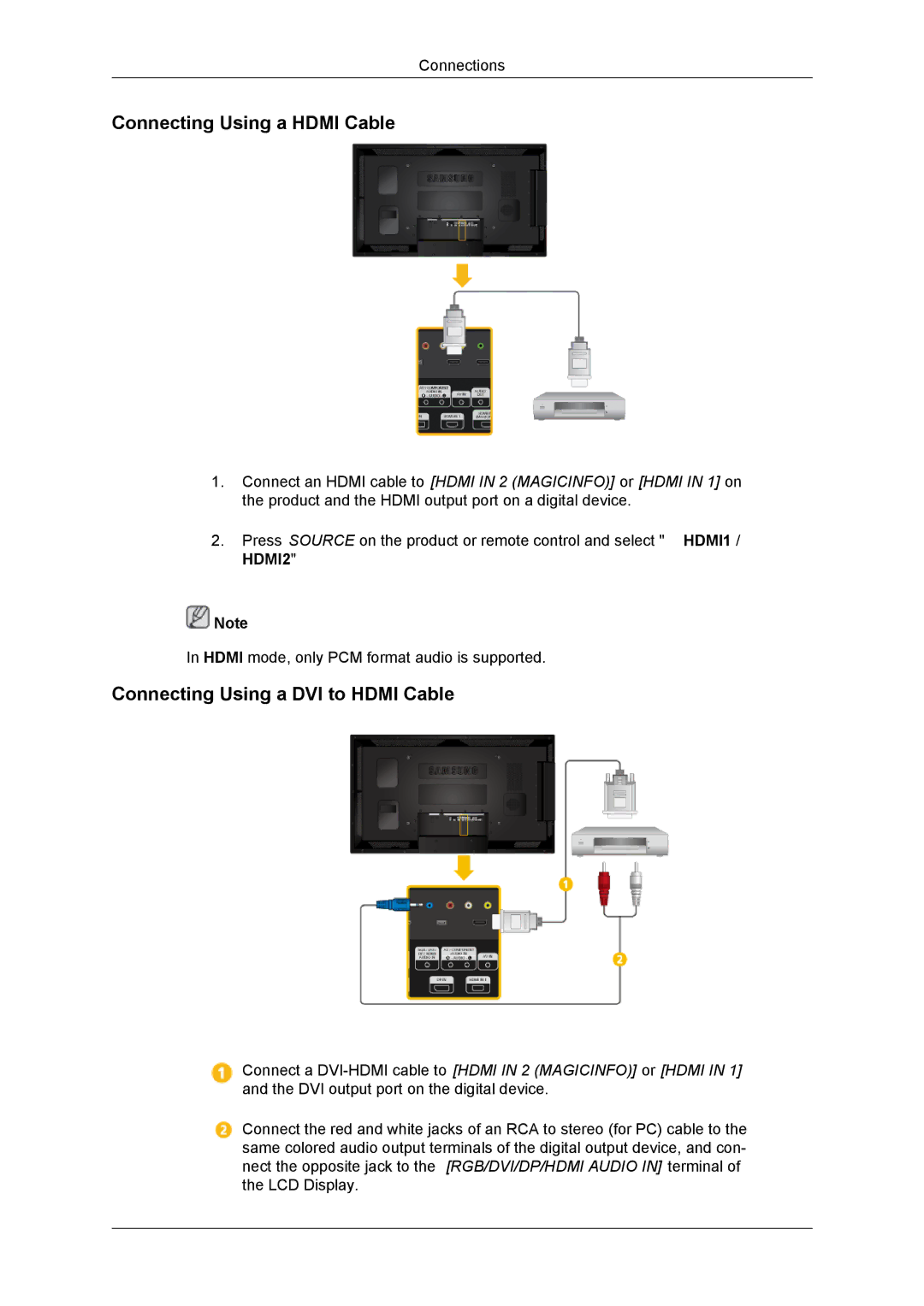 Samsung LH55CSPLBC/NG, LH55CSPLBC/EN, LH55CSPLBC/XJ Connecting Using a Hdmi Cable, Connecting Using a DVI to Hdmi Cable 