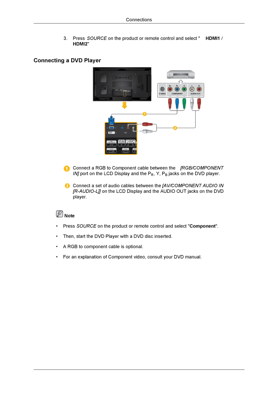 Samsung LH55CSPLBC/HD, LH55CSPLBC/EN, LH55CSPLBC/XJ, LH55CSPLBC/XY, LH55CSPLBC/NG manual Connecting a DVD Player 