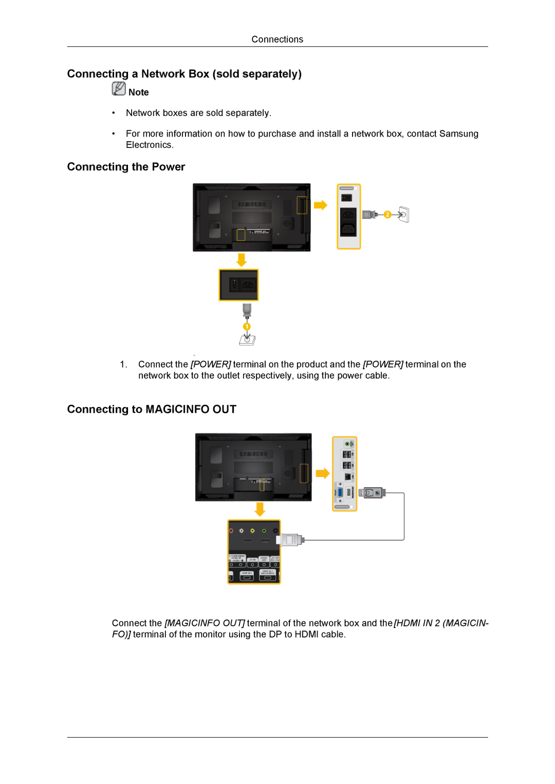 Samsung LH55CSPLBC/XJ manual Connecting a Network Box sold separately, Connecting the Power, Connecting to Magicinfo OUT 