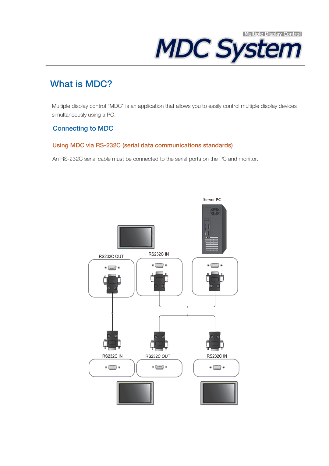 Samsung LH55CSPLBC/NG, LH55CSPLBC/EN manual Connecting to MDC, Using MDC via RS-232C serial data communications standards 