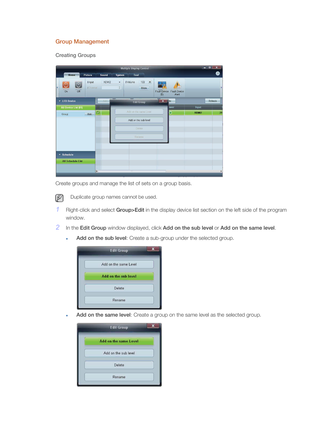 Samsung LH55CSPLBC/NG, LH55CSPLBC/EN, LH55CSPLBC/XJ, LH55CSPLBC/XY, LH55CSPLBC/HD manual Group Management, Creating Groups 