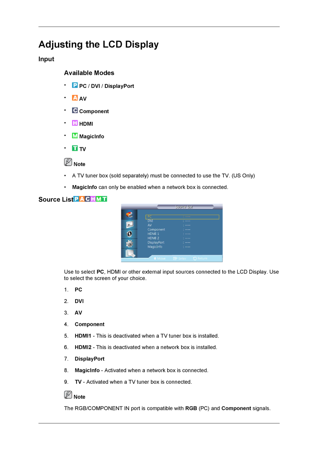 Samsung LH55CSPLBC/HD, LH55CSPLBC/EN Input Available Modes, Source List, PC / DVI / DisplayPort Component, DVI Component 