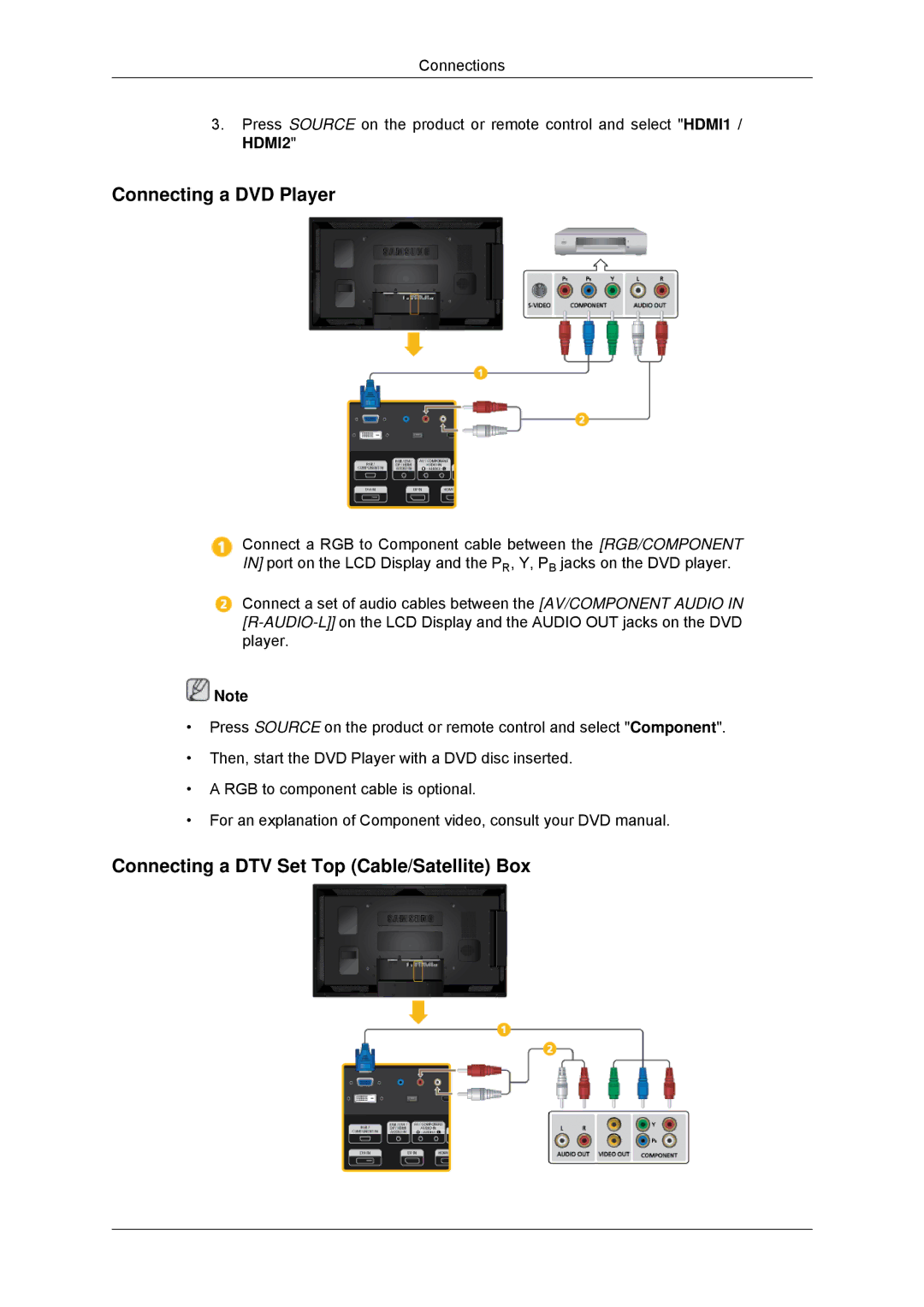 Samsung LH55CSPLBC/HD, LH55CSPLBC/EN, LH55CSPLBC/XJ Connecting a DVD Player, Connecting a DTV Set Top Cable/Satellite Box 