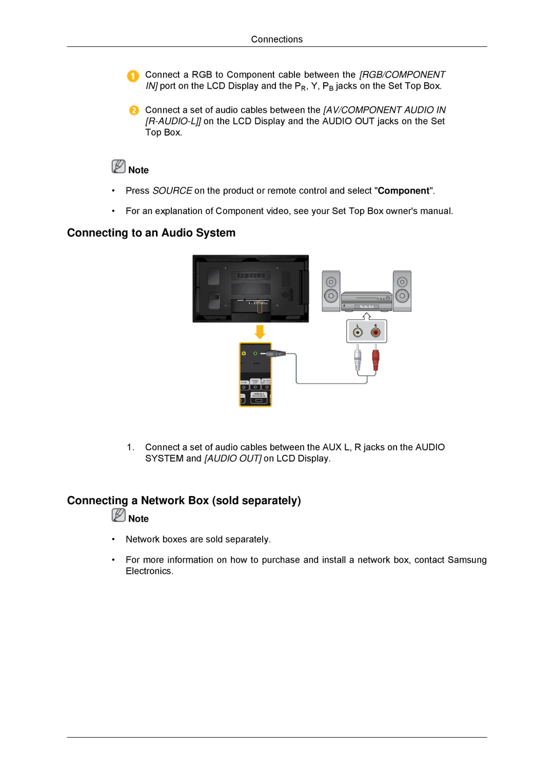 Samsung LH55CSPLBC/EN, LH55CSPLBC/XJ, LH55CSPLBC/XY Connecting to an Audio System, Connecting a Network Box sold separately 