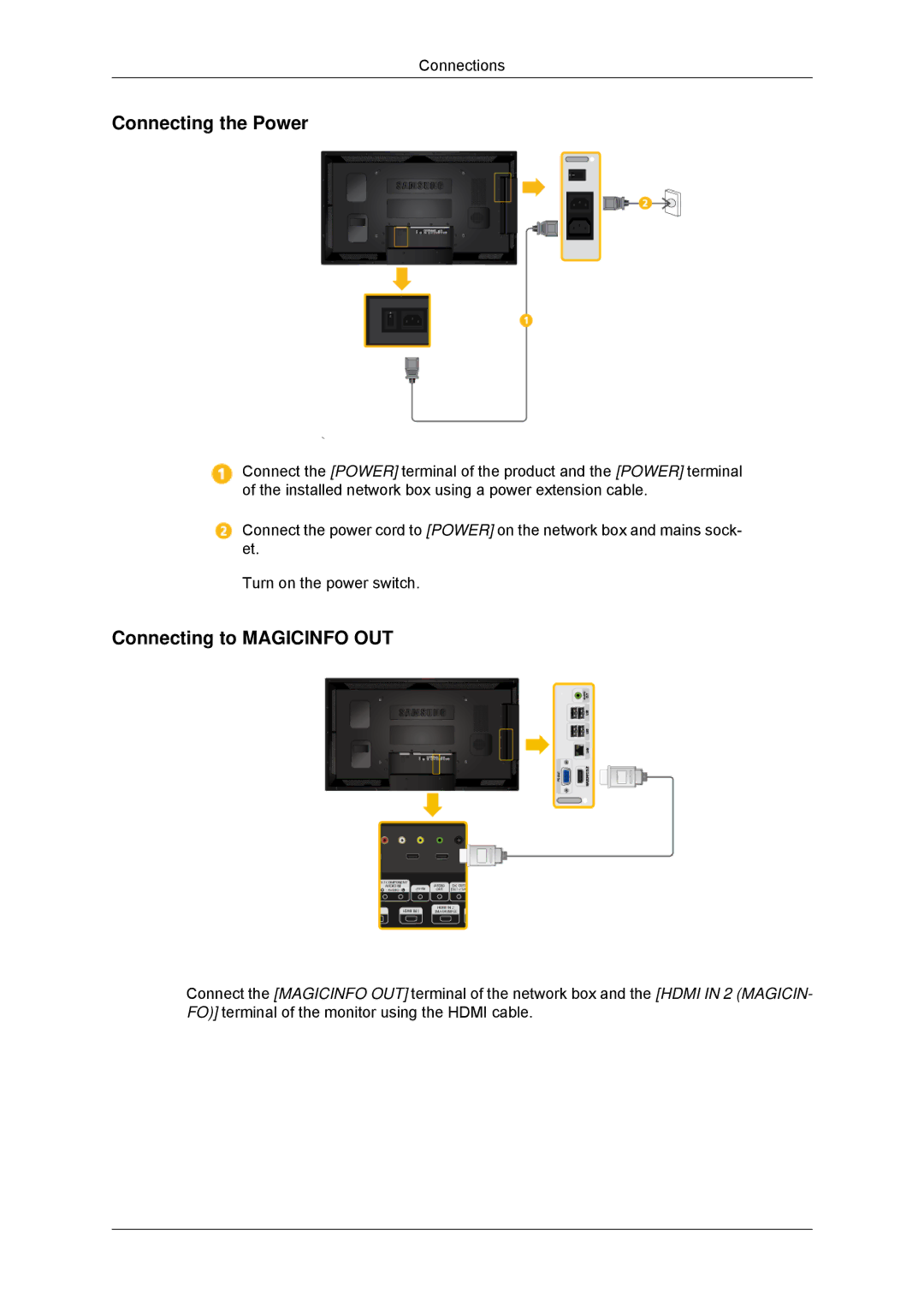 Samsung LH55CSPLBC/XJ, LH55CSPLBC/EN, LH55CSPLBC/XY, LH55CSPLBC/NG manual Connecting the Power, Connecting to Magicinfo OUT 