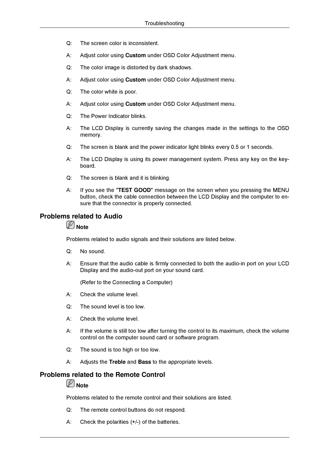 Samsung LH55CSPLBC/XJ, LH55CSPLBC/EN, LH55CSPLBC/XY manual Problems related to Audio, Problems related to the Remote Control 