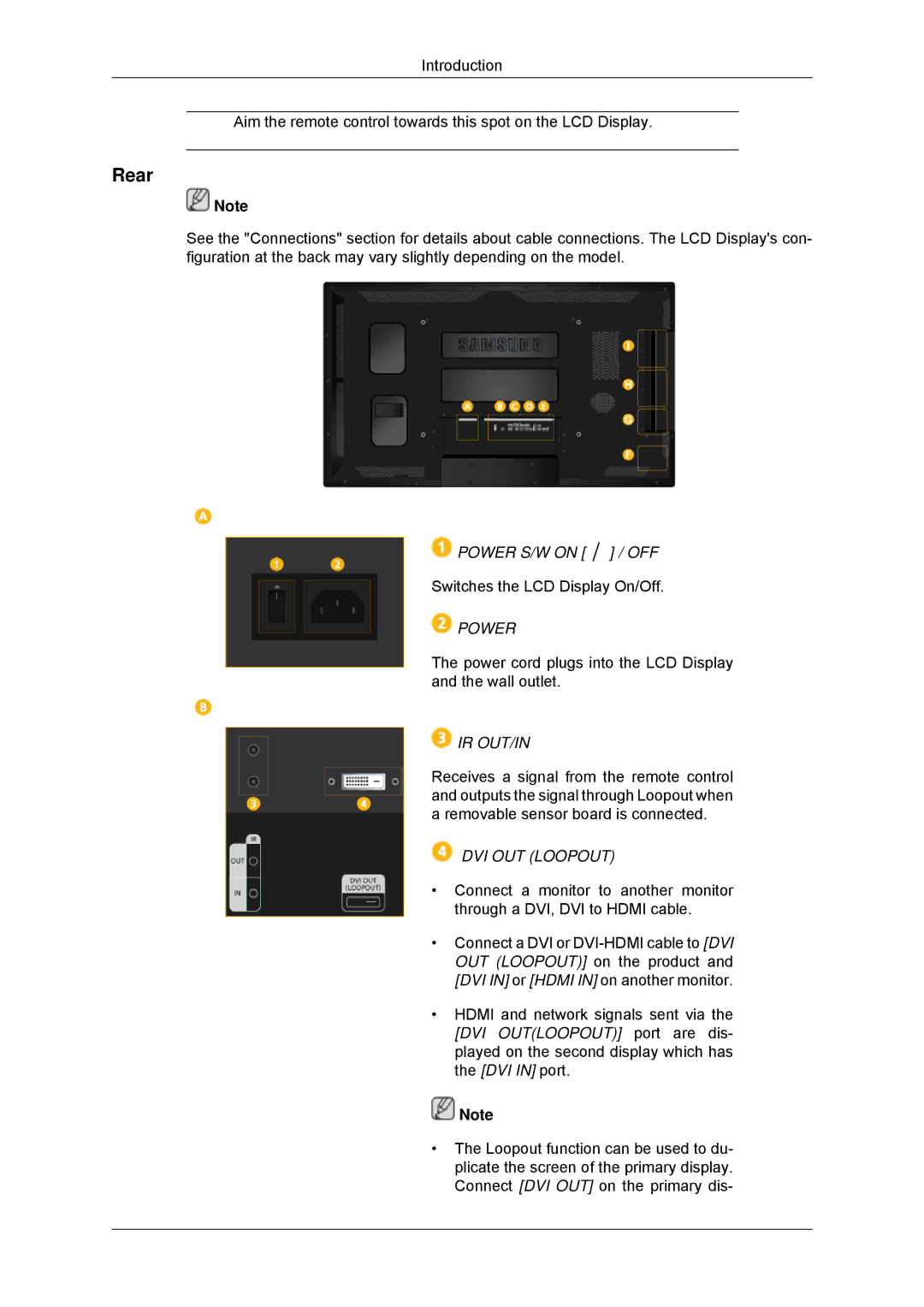 Samsung LH55CSPLBC/EN, LH55CSPLBC/XJ, LH55CSPLBC/XY, LH55CSPLBC/NG, LH55CSPLBC/HD Rear, Power, Ir Out/In, DVI OUT Loopout 