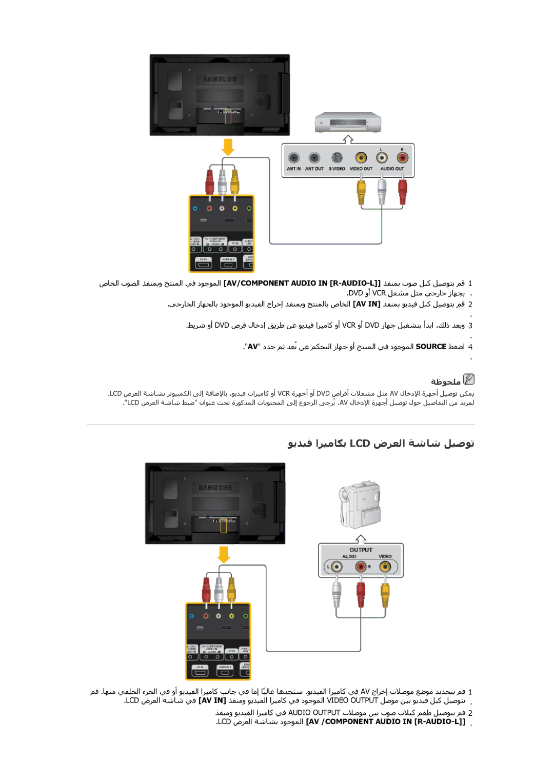 Samsung LH55CSPLBC/EN manual ﻮﻳﺪﻴﻓ اﺮﻴﻣﺎﻜﺑ Lcd ضﺮﻌﻟا ﺔﺷﺎﺷ ﻞﻴﺻﻮﺗ, LCD ضﺮﻌﻟا ﺔﺷﺎﺸﺑ دﻮﺟﻮﻤﻟا AV /COMPONENT Audio in R-AUDIO-L 