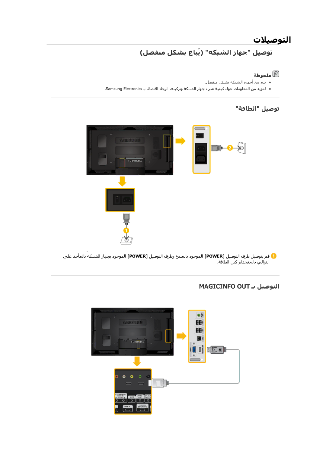 Samsung LH55CSPLBC/EN, LH55CSPLBC/XY manual ﻞﺼﻔﻨﻣ ﻞﻜﺸﺑ عﺎﺒُﻳ ﺔﻜﺒﺸﻟا زﺎﻬﺟ ﻞﻴﺻﻮﺗ, ﺔﻗﺎﻄﻟا ﻞﻴﺻﻮﺗ, Magicinfo OUT ـﺑ ﻞﻴﺻﻮﺘﻟا 