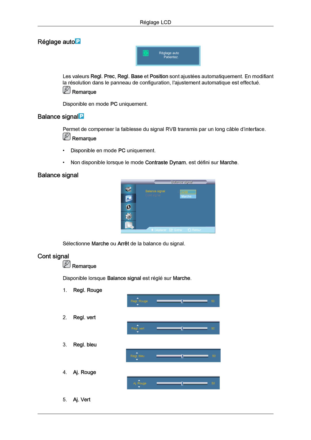 Samsung LH55CSPLBC/EN manual Réglage auto, Balance signal, Signal, Regl. Rouge Regl. vert Regl. bleu Aj. Rouge Aj. Vert 