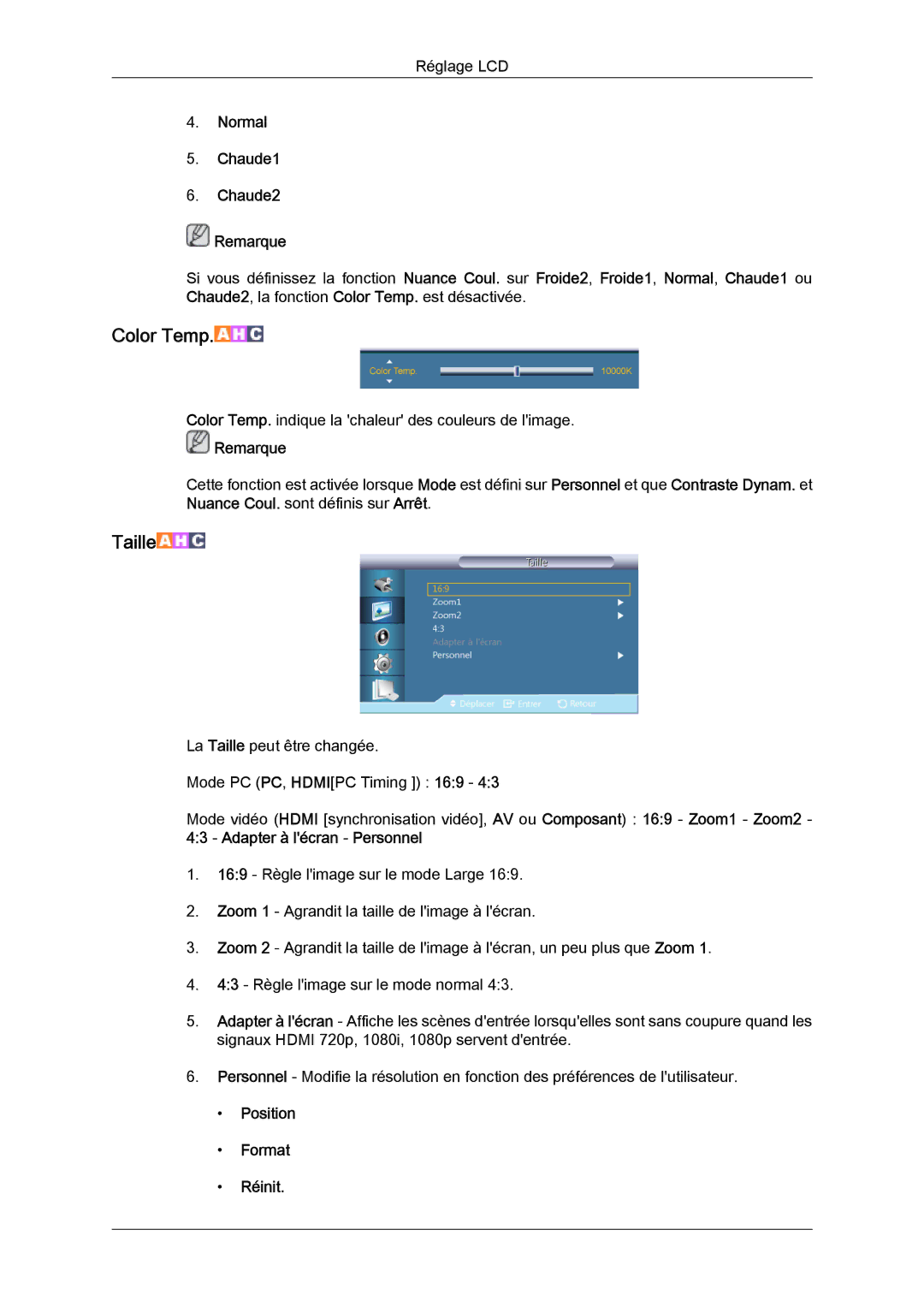 Samsung LH55CSPLBC/EN manual Normal Chaude1 Chaude2 Remarque, Position Format Réinit 