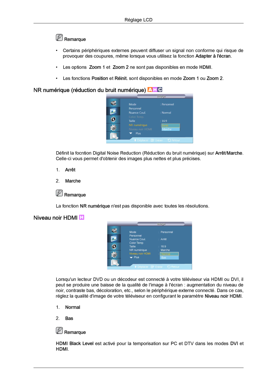 Samsung LH55CSPLBC/EN manual NR numérique réduction du bruit numérique, Niveau noir Hdmi, Normal Bas Remarque 