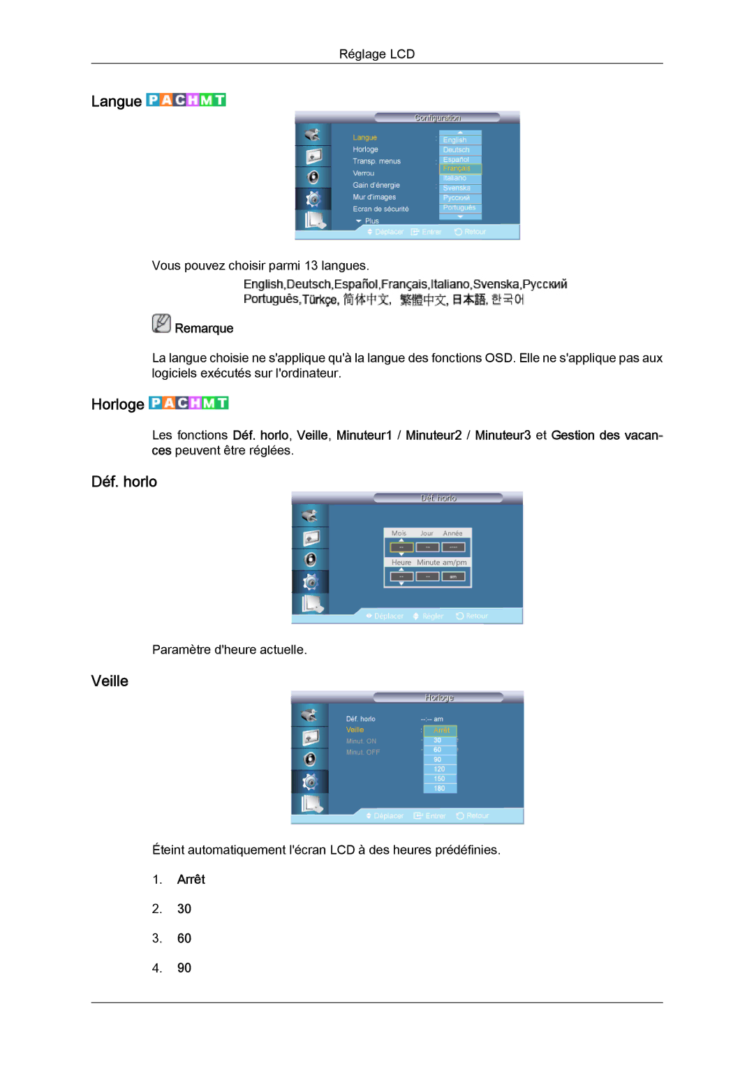 Samsung LH55CSPLBC/EN manual Langue, Horloge, Déf. horlo, Veille, Arrêt 