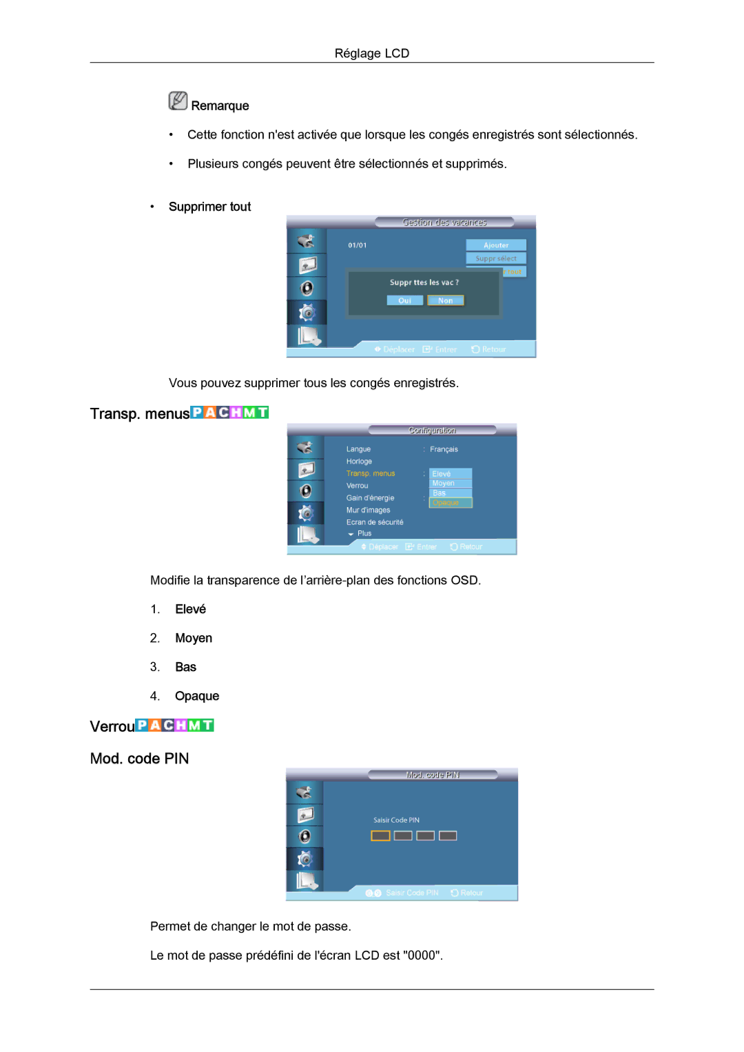 Samsung LH55CSPLBC/EN manual Transp. menus, Verrou Mod. code PIN, Supprimer tout, Elevé Moyen Bas Opaque 