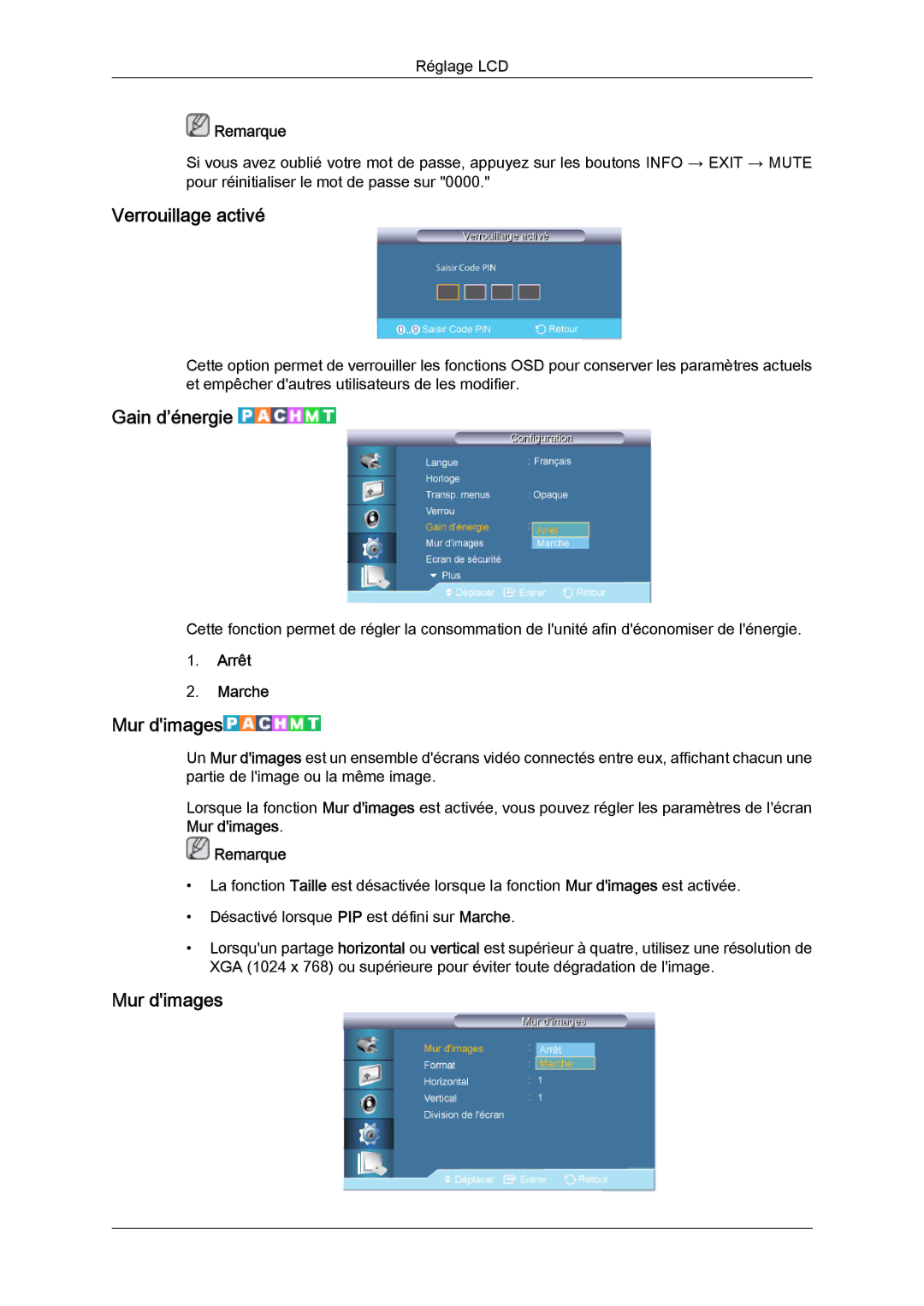 Samsung LH55CSPLBC/EN manual Verrouillage activé, Gain d’énergie, Mur dimages 