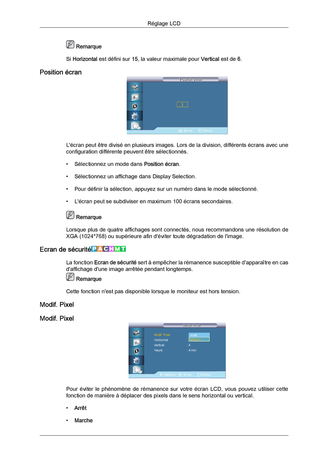 Samsung LH55CSPLBC/EN manual Position écran, Ecran de sécurité, Modif. Pixel 