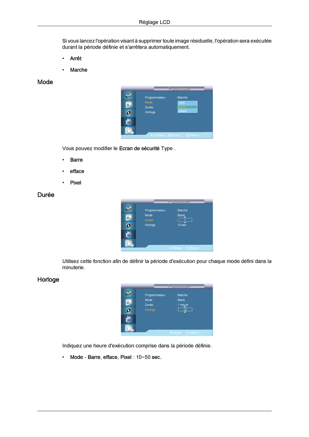 Samsung LH55CSPLBC/EN manual Durée, Barre Efface Pixel, Mode Barre, efface, Pixel 10~50 sec 