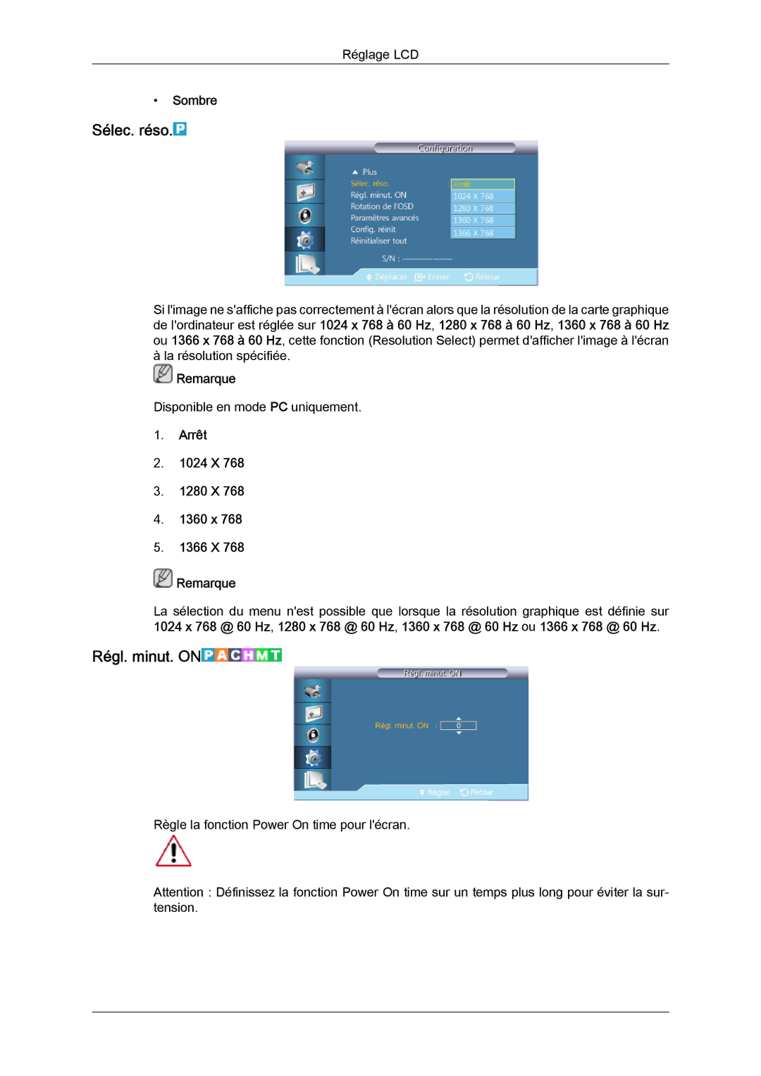 Samsung LH55CSPLBC/EN manual Sélec. réso, Régl. minut. on, Sombre, Arrêt 1024 X 1280 X 1360 x 1366 X Remarque 