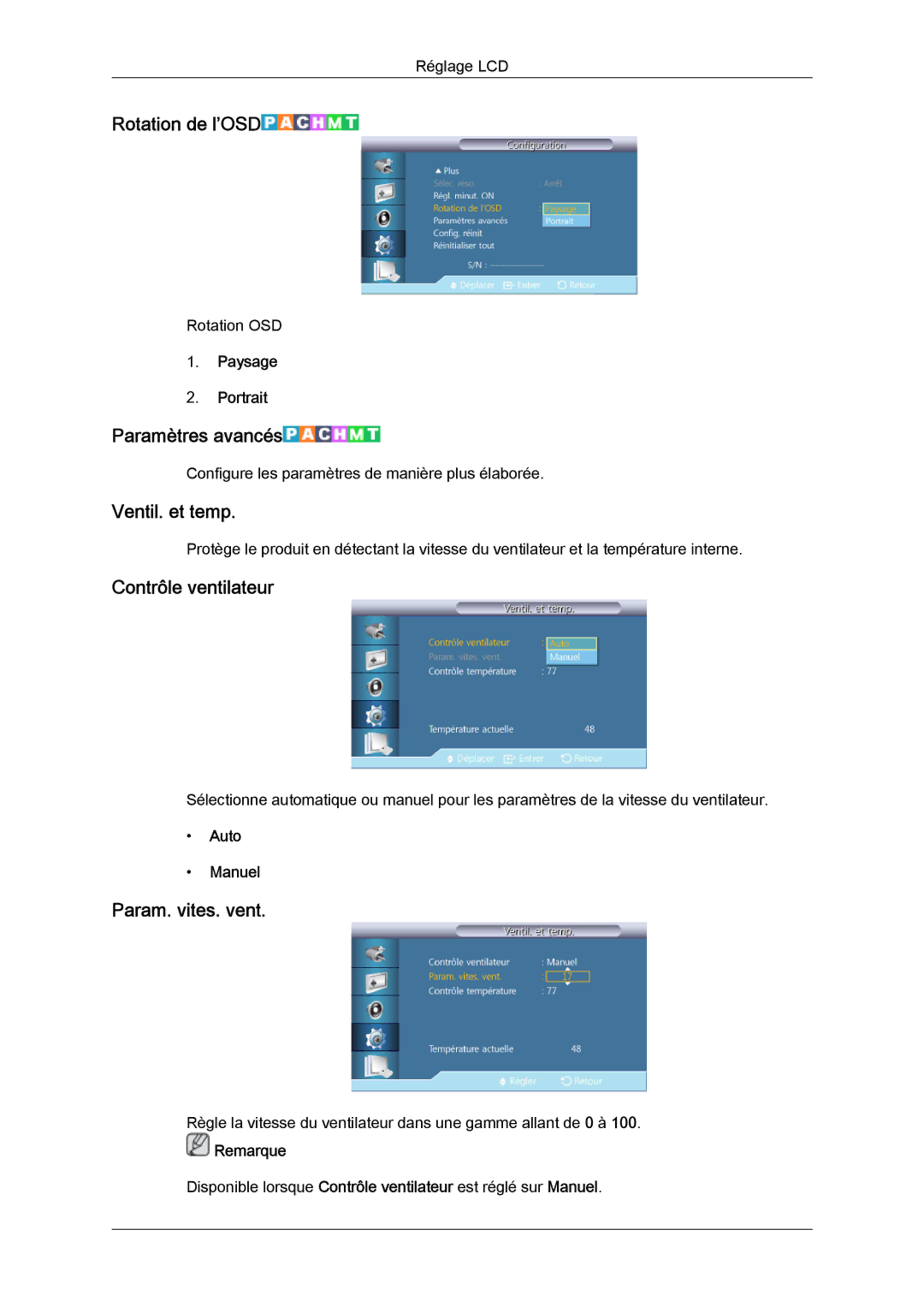 Samsung LH55CSPLBC/EN Rotation de l’OSD, Paramètres avancés, Ventil. et temp, Contrôle ventilateur, Param. vites. vent 