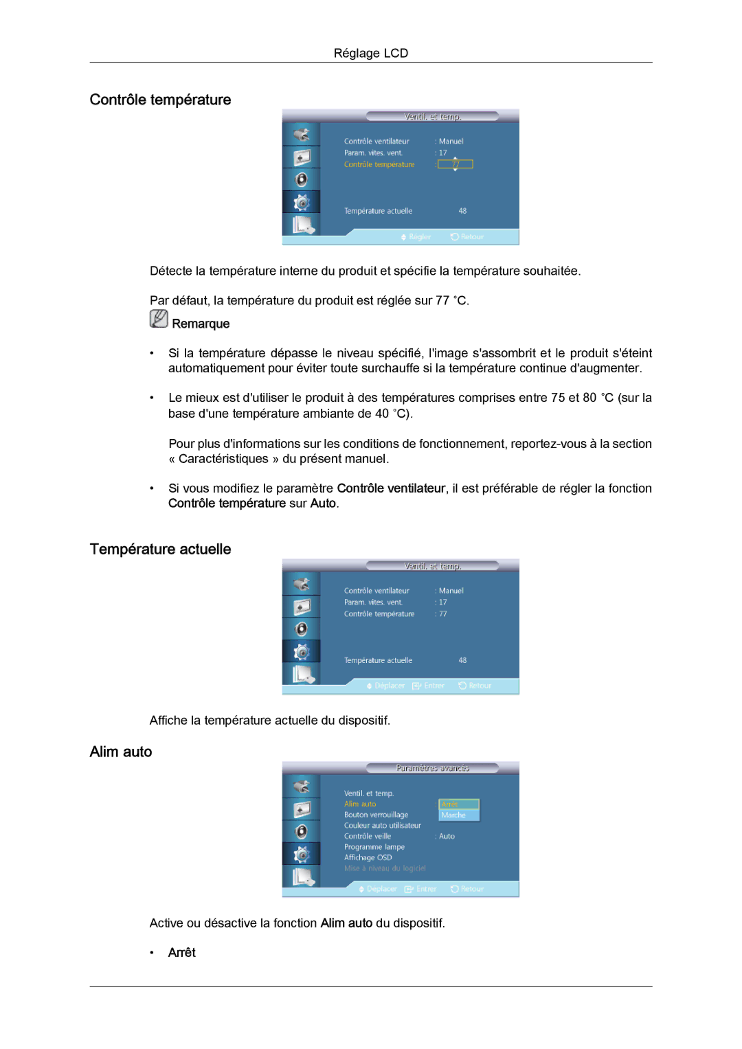 Samsung LH55CSPLBC/EN manual Contrôle température, Température actuelle, Alim auto 