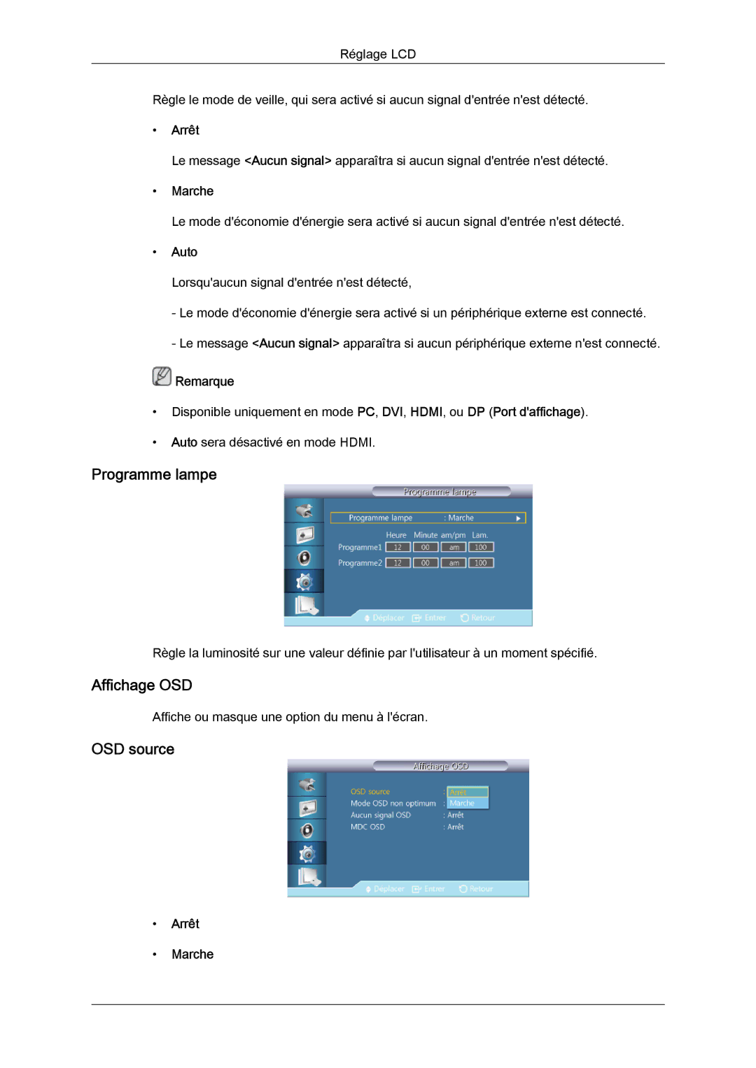 Samsung LH55CSPLBC/EN manual Programme lampe, Affichage OSD, OSD source, Auto 