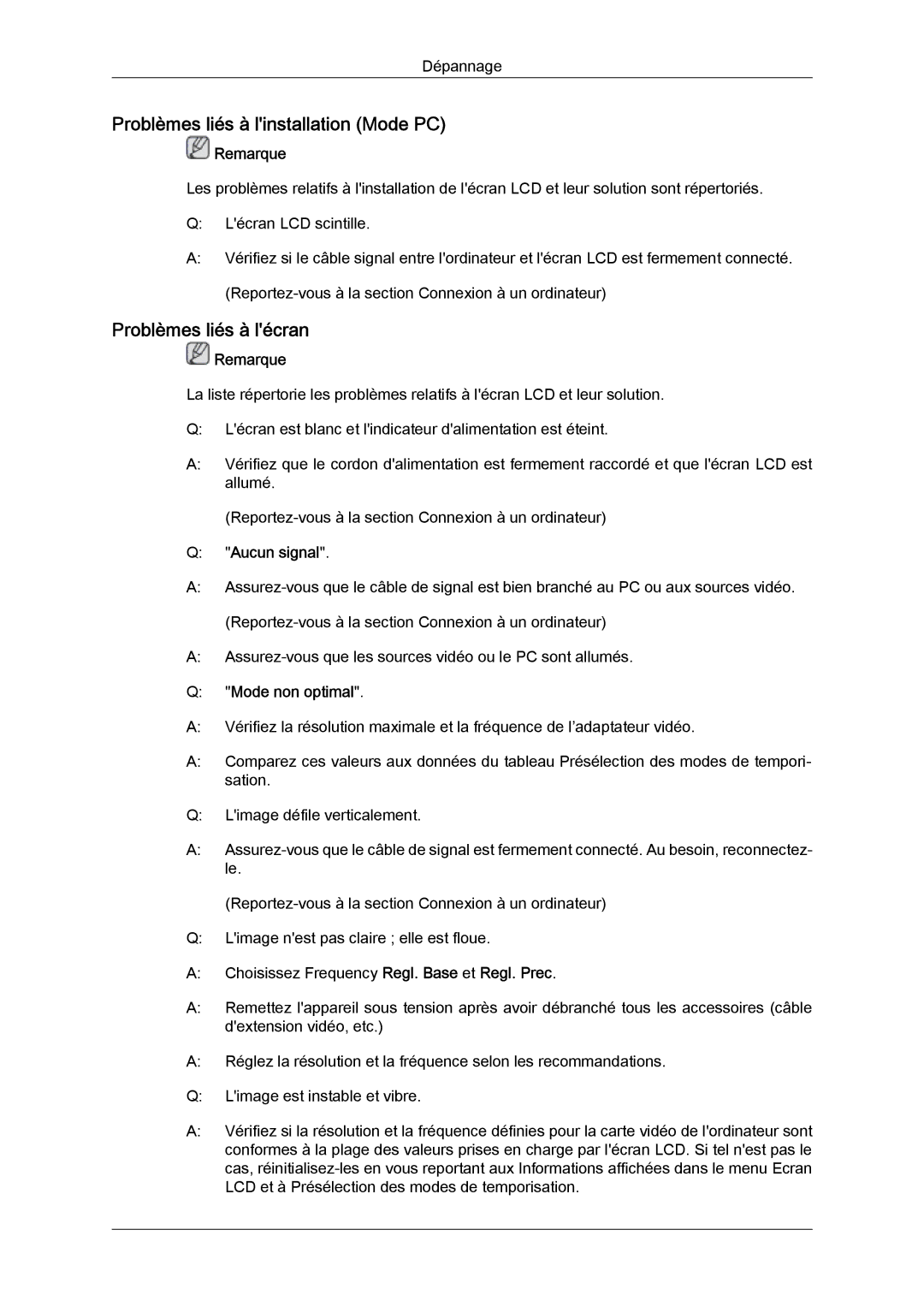 Samsung LH55CSPLBC/EN Problèmes liés à linstallation Mode PC, Problèmes liés à lécran, Aucun signal, Mode non optimal 