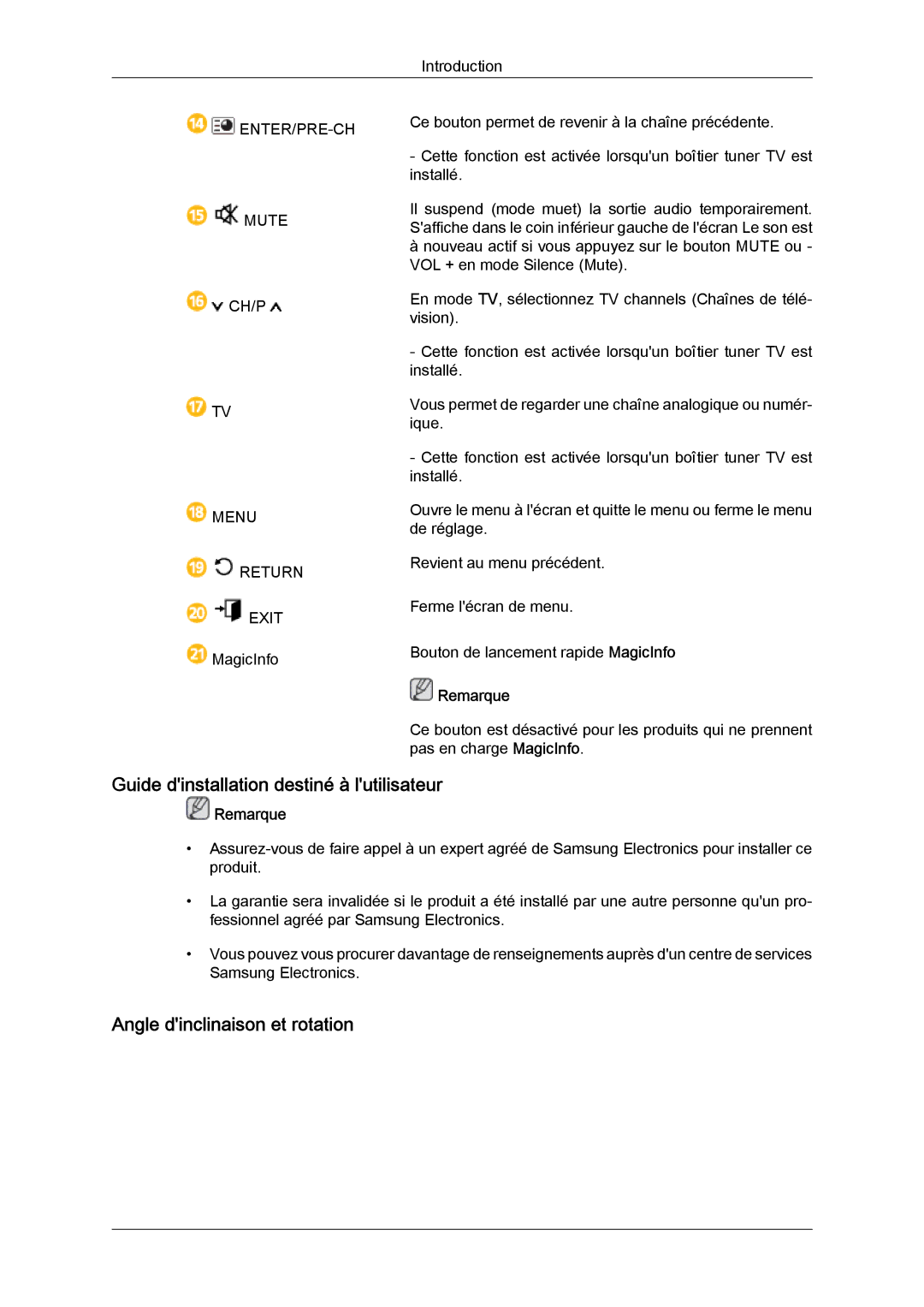 Samsung LH55CSPLBC/EN manual Guide dinstallation destiné à lutilisateur, Angle dinclinaison et rotation 