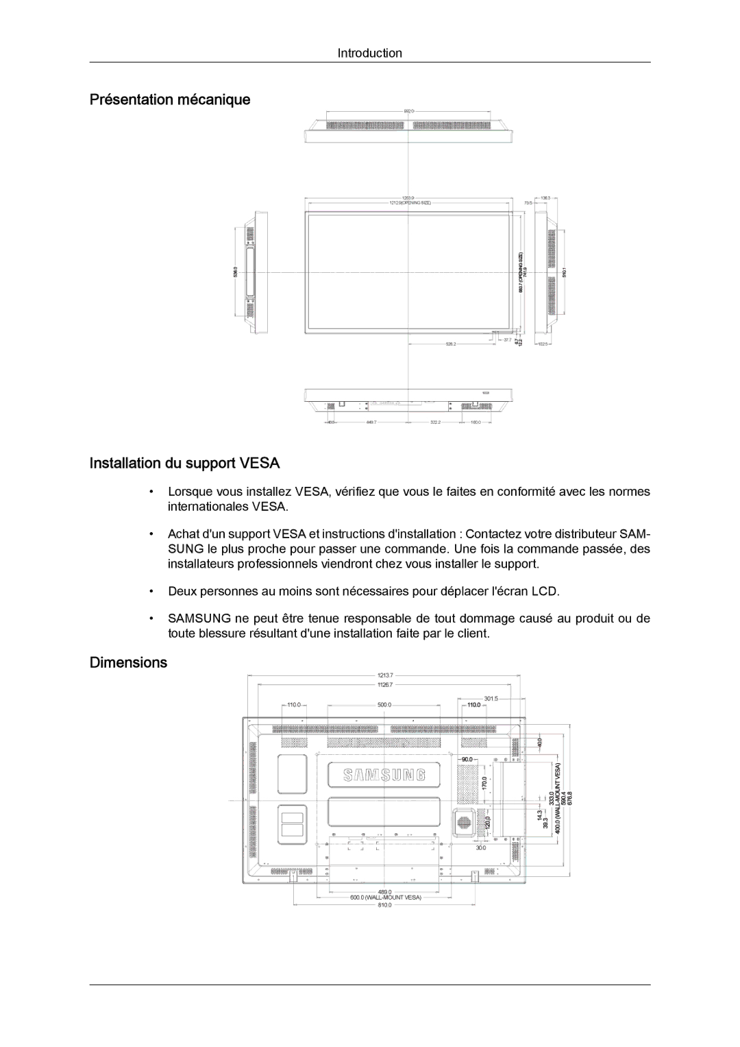 Samsung LH55CSPLBC/EN manual Présentation mécanique Installation du support Vesa, Dimensions 