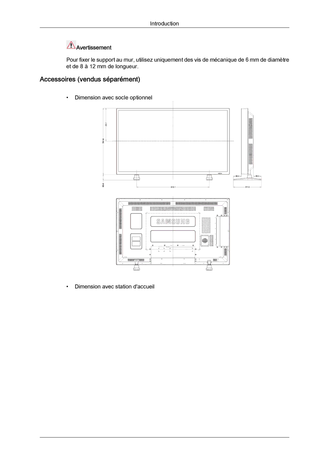 Samsung LH55CSPLBC/EN manual Accessoires vendus séparément, Avertissement 