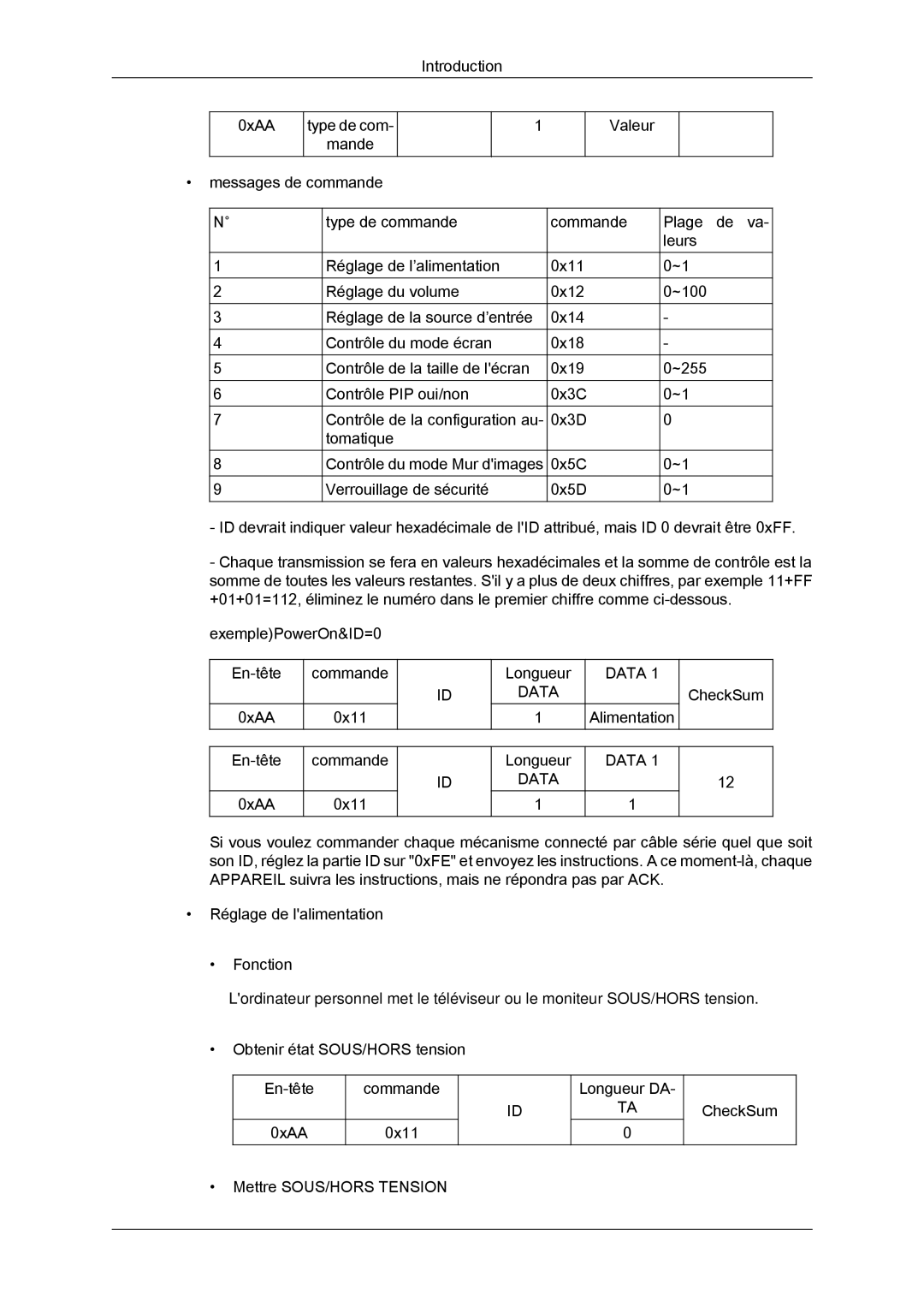 Samsung LH55CSPLBC/EN manual Alimentation CheckSum En-tête 0xAA Commande 0x11 Longueur 