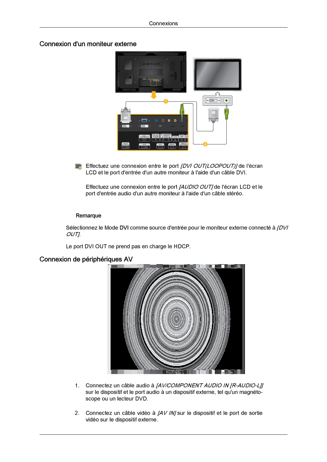 Samsung LH55CSPLBC/EN manual Connexion dun moniteur externe, Connexion de périphériques AV 