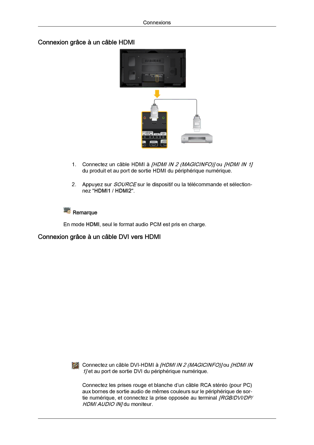 Samsung LH55CSPLBC/EN manual Connexion grâce à un câble Hdmi, Connexion grâce à un câble DVI vers Hdmi 