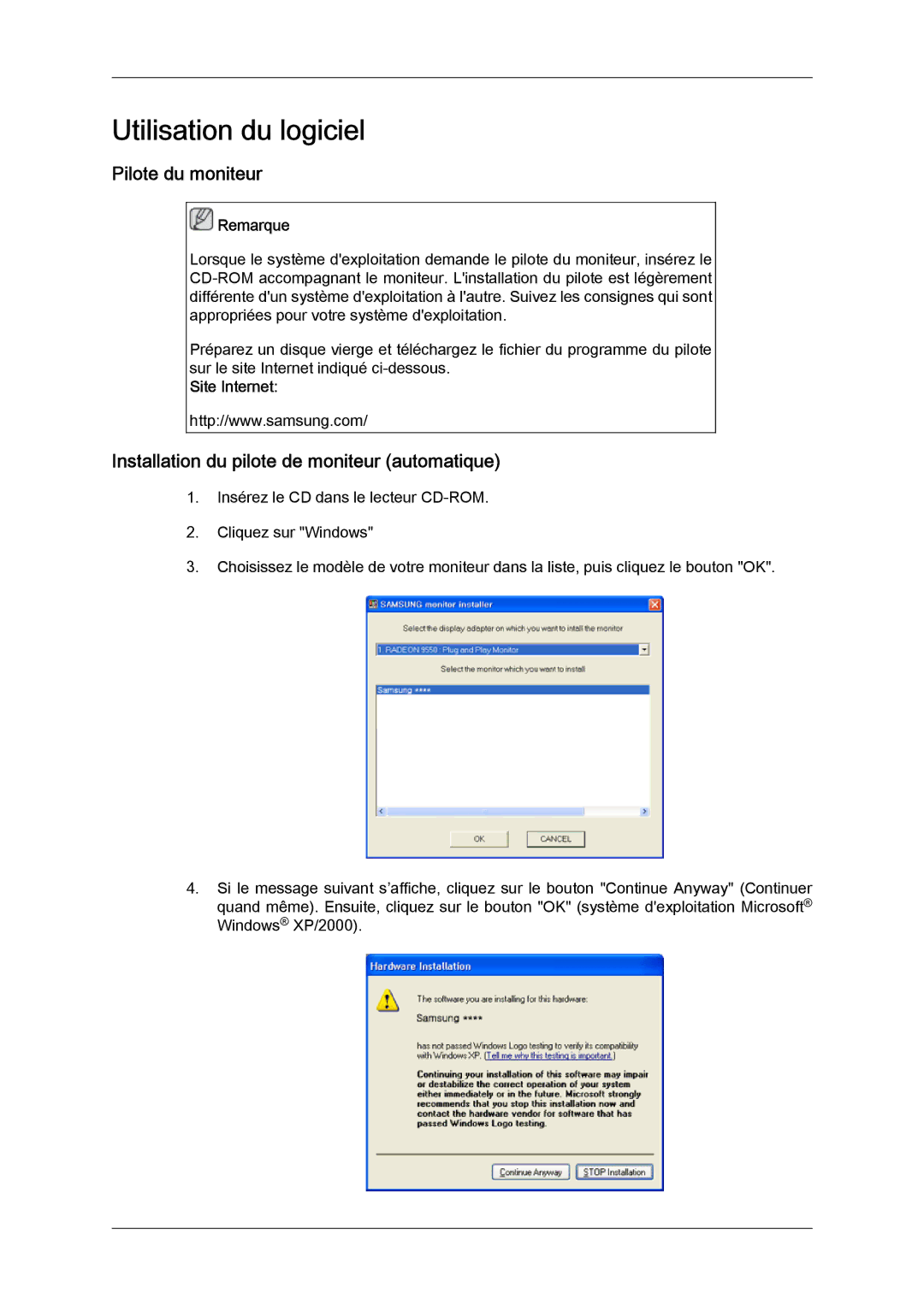 Samsung LH55CSPLBC/EN manual Pilote du moniteur, Installation du pilote de moniteur automatique, Site Internet 