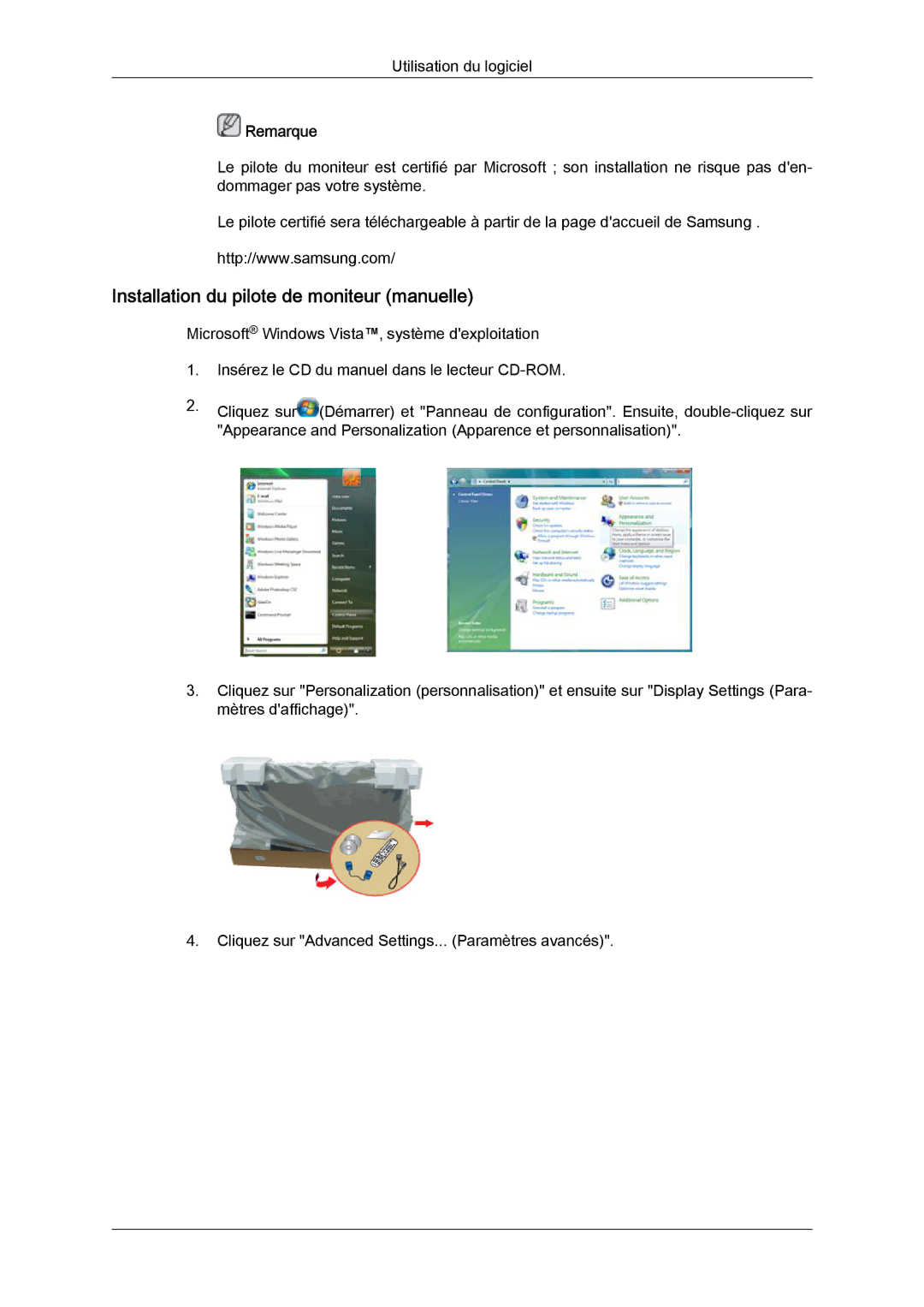 Samsung LH55CSPLBC/EN manual Installation du pilote de moniteur manuelle 