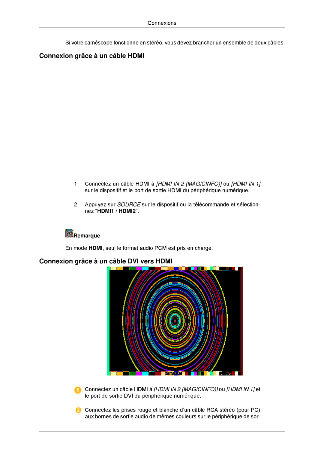 Samsung LH55CSPLBC/EN manual Connexion grâce à un câble Hdmi, Connexion grâce à un câble DVI vers Hdmi 