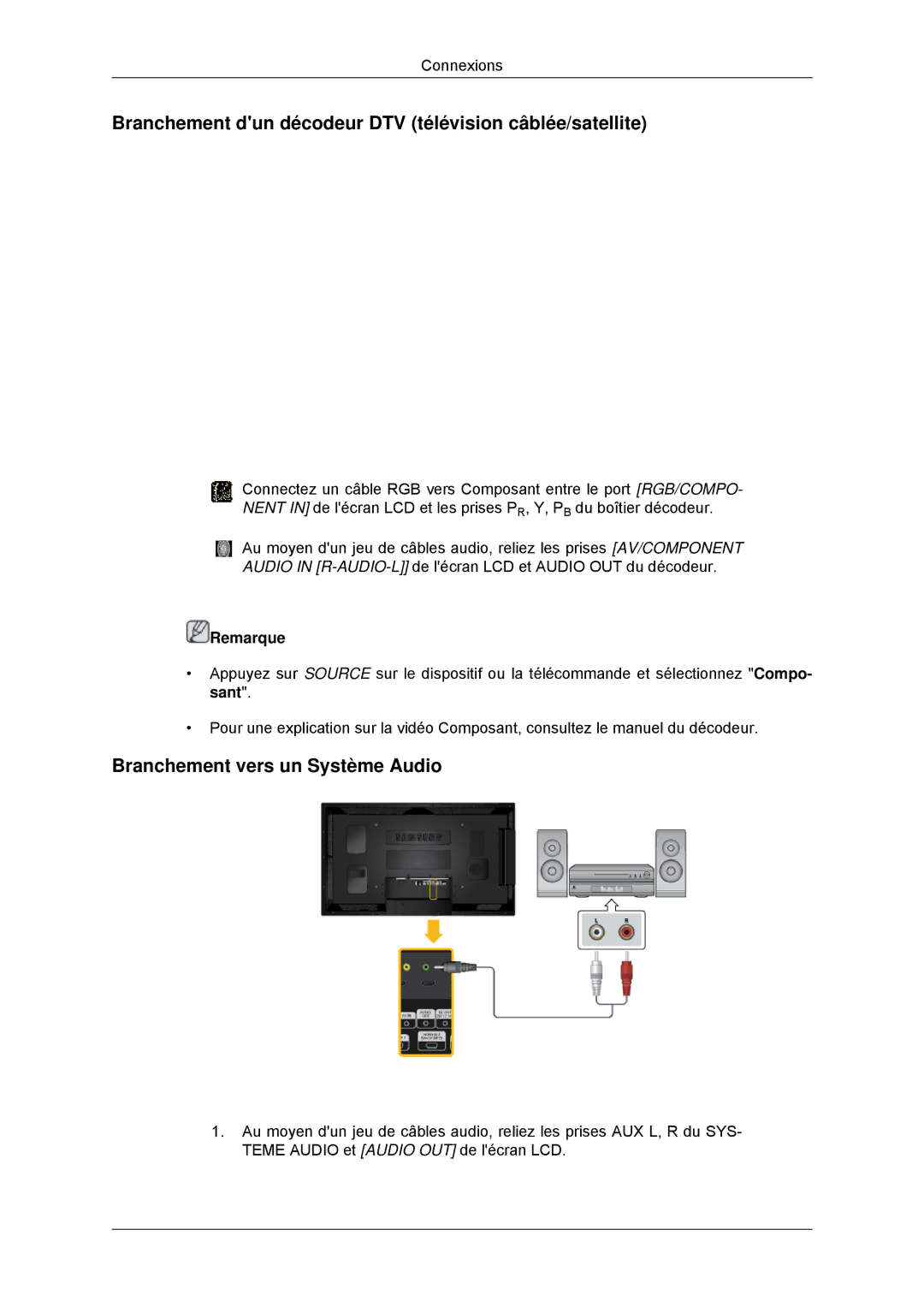 Samsung LH55CSPLBC/EN manual Branchement dun décodeur DTV télévision câblée/satellite, Branchement vers un Système Audio 