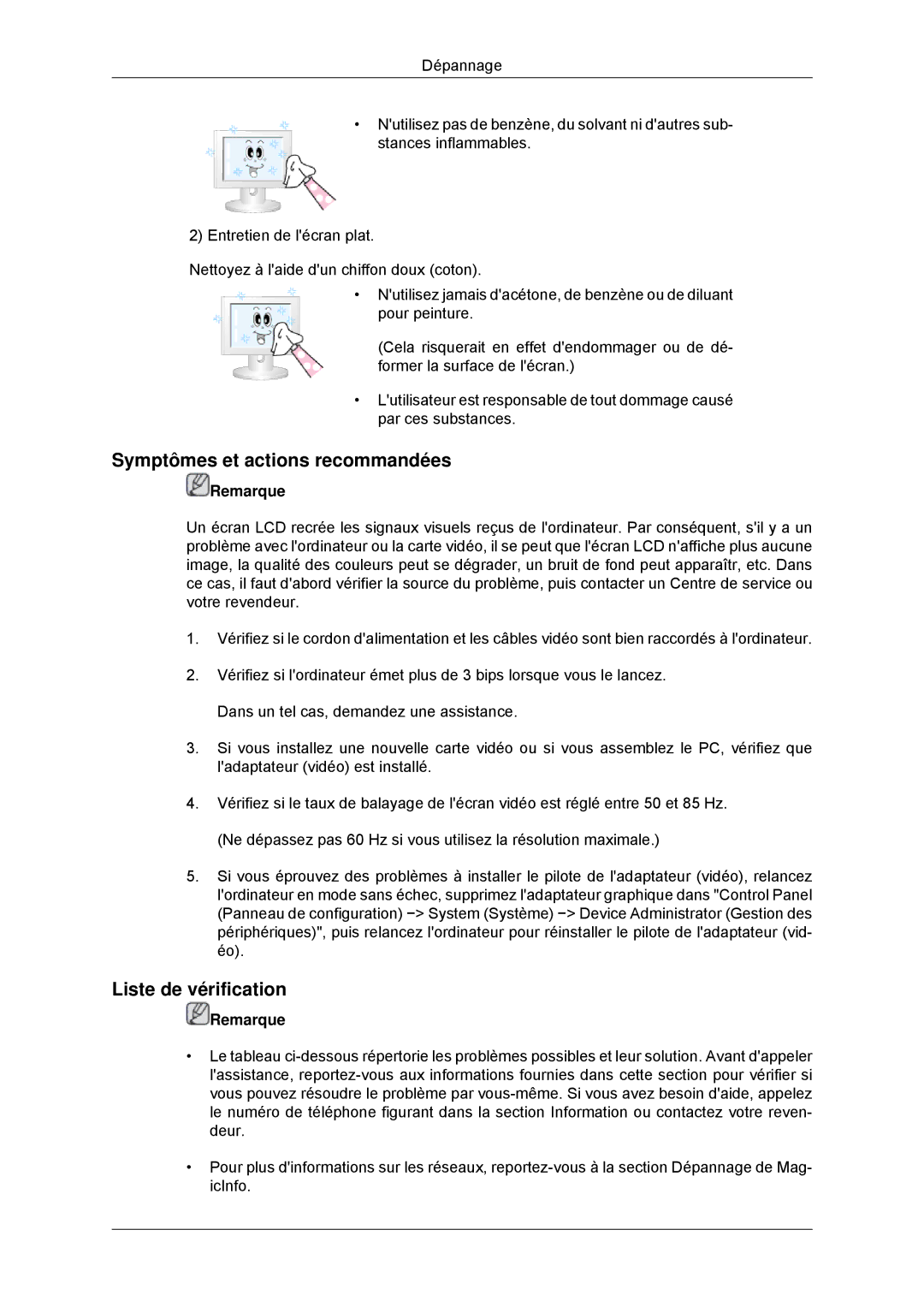 Samsung LH55CSPLBC/EN manual Symptômes et actions recommandées, Liste de vérification 