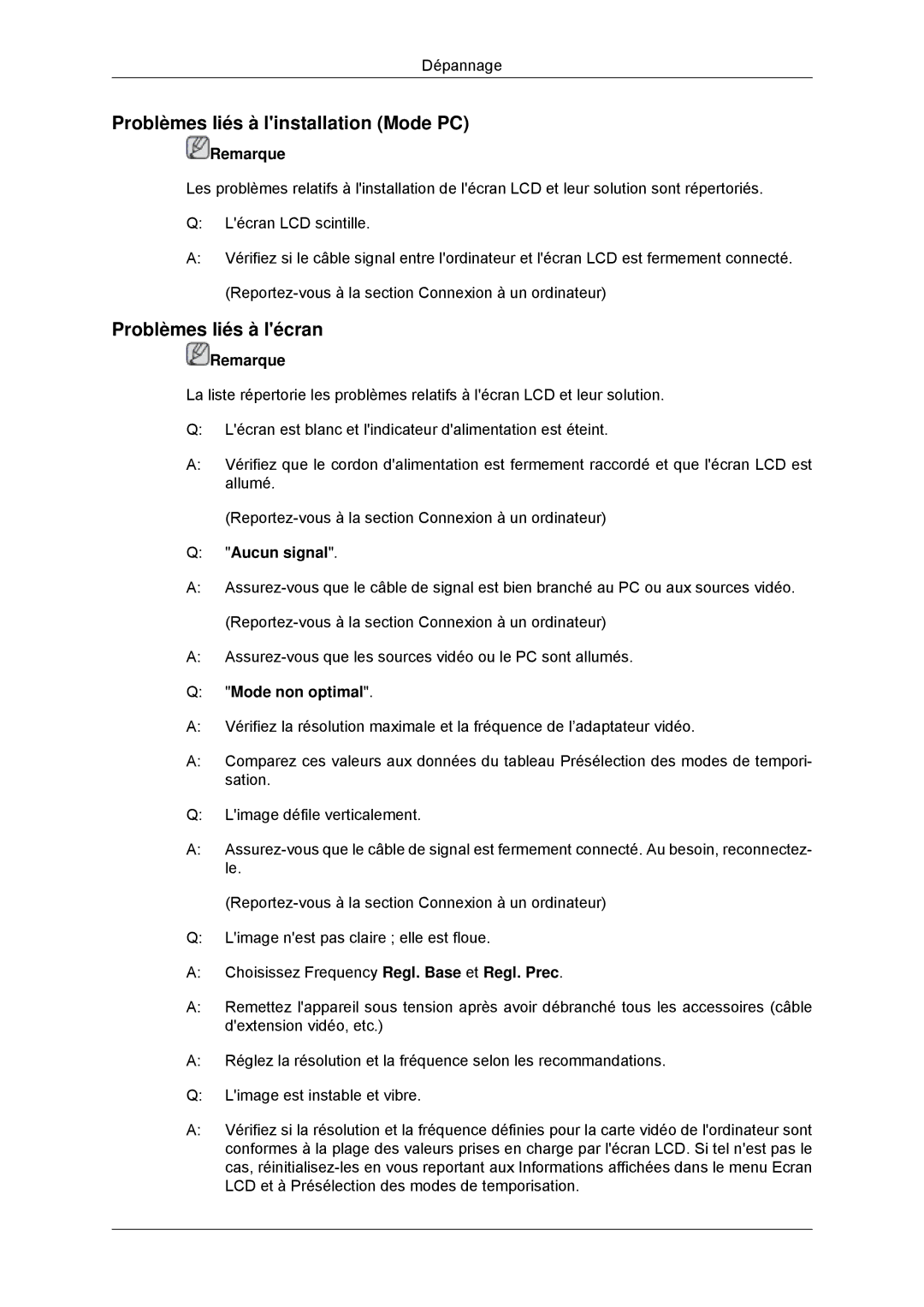 Samsung LH55CSPLBC/EN manual Problèmes liés à linstallation Mode PC, Problèmes liés à lécran 