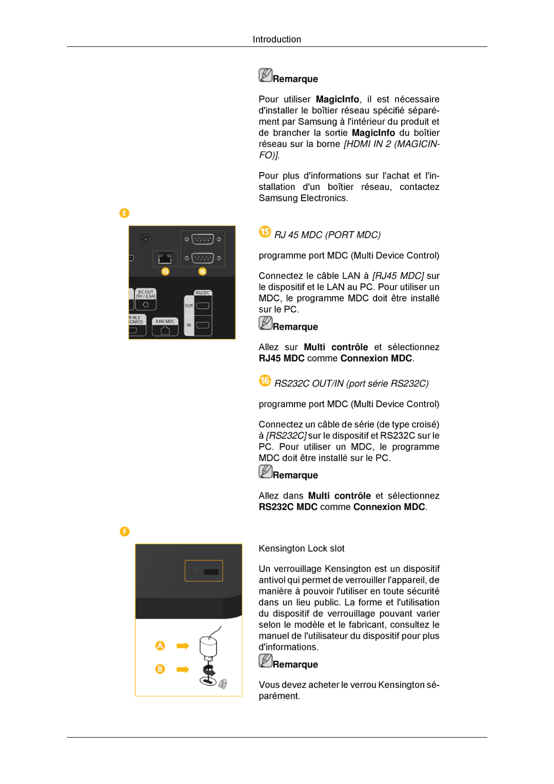 Samsung LH55CSPLBC/EN manual RJ 45 MDC Port MDC, RS232C OUT/IN port série RS232C 