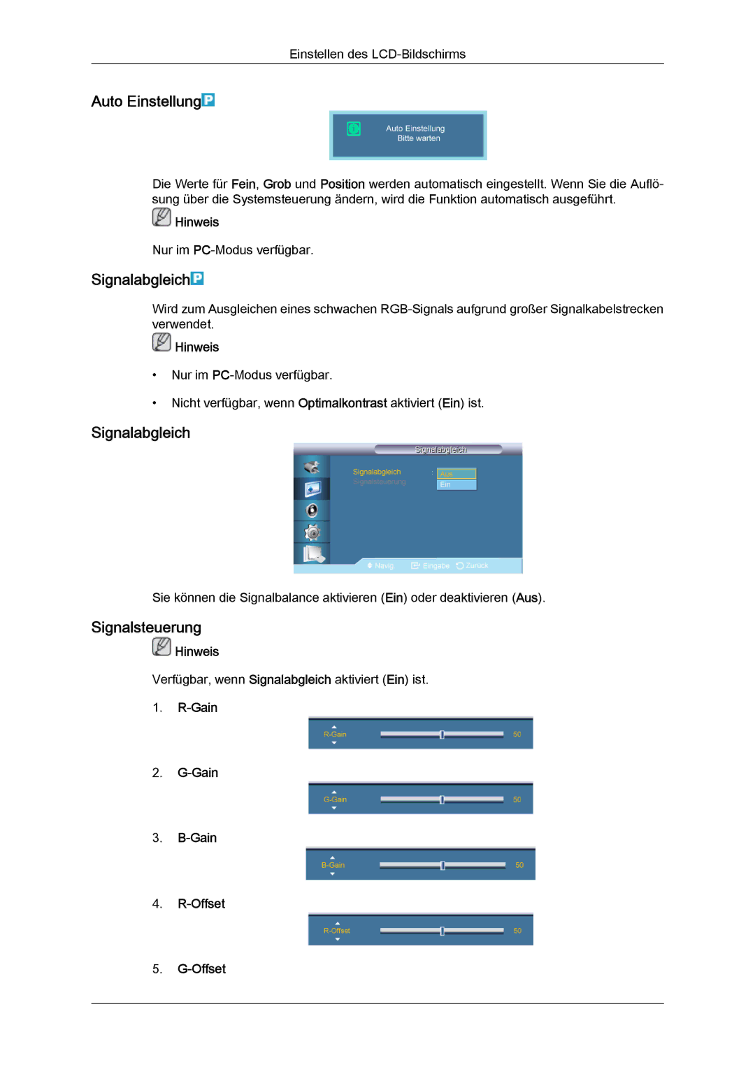 Samsung LH55CSPLBC/EN manual Auto Einstellung, Signalabgleich, Signalsteuerung, Gain Offset 