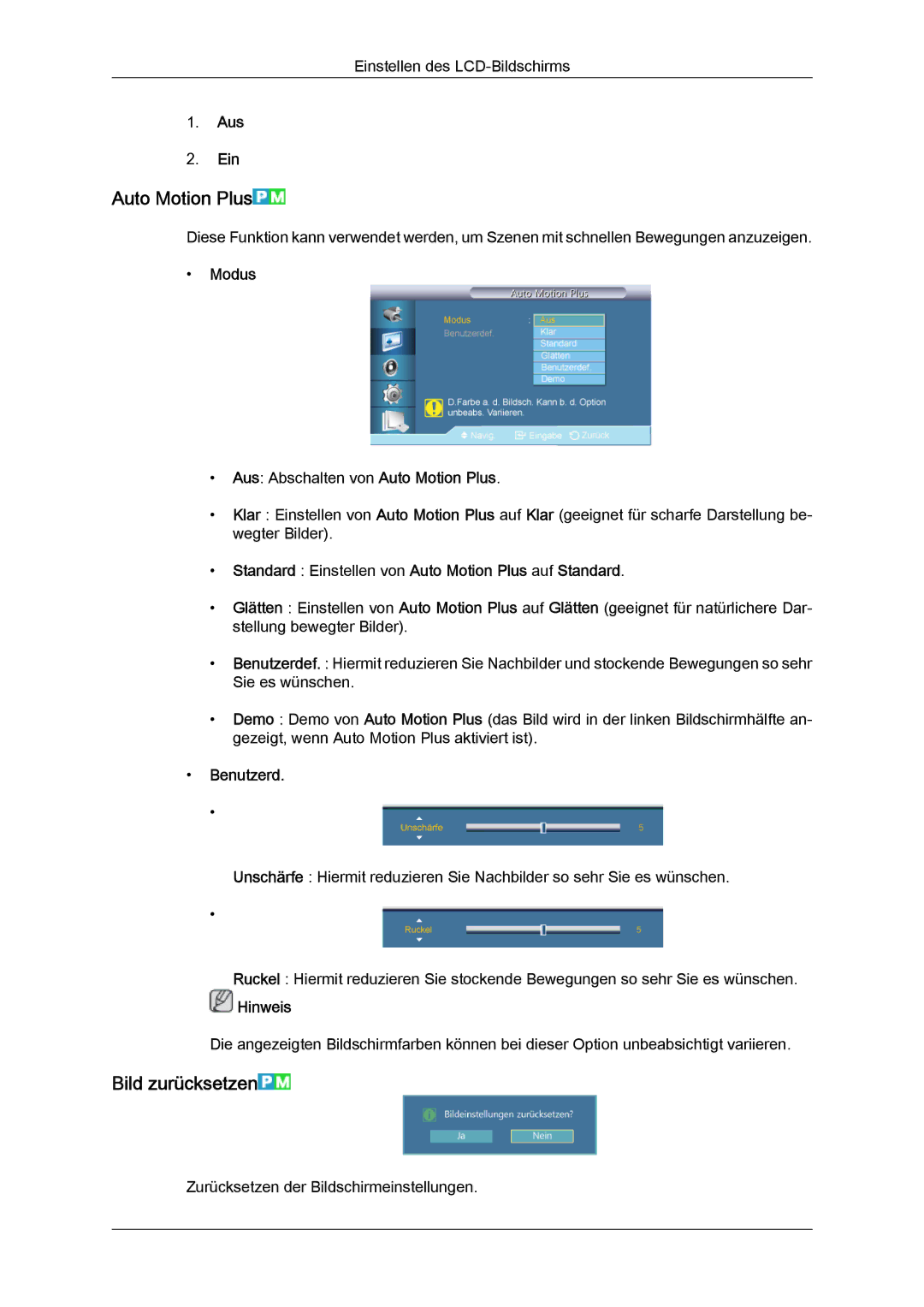 Samsung LH55CSPLBC/EN manual Bild zurücksetzen, Modus Aus Abschalten von Auto Motion Plus 