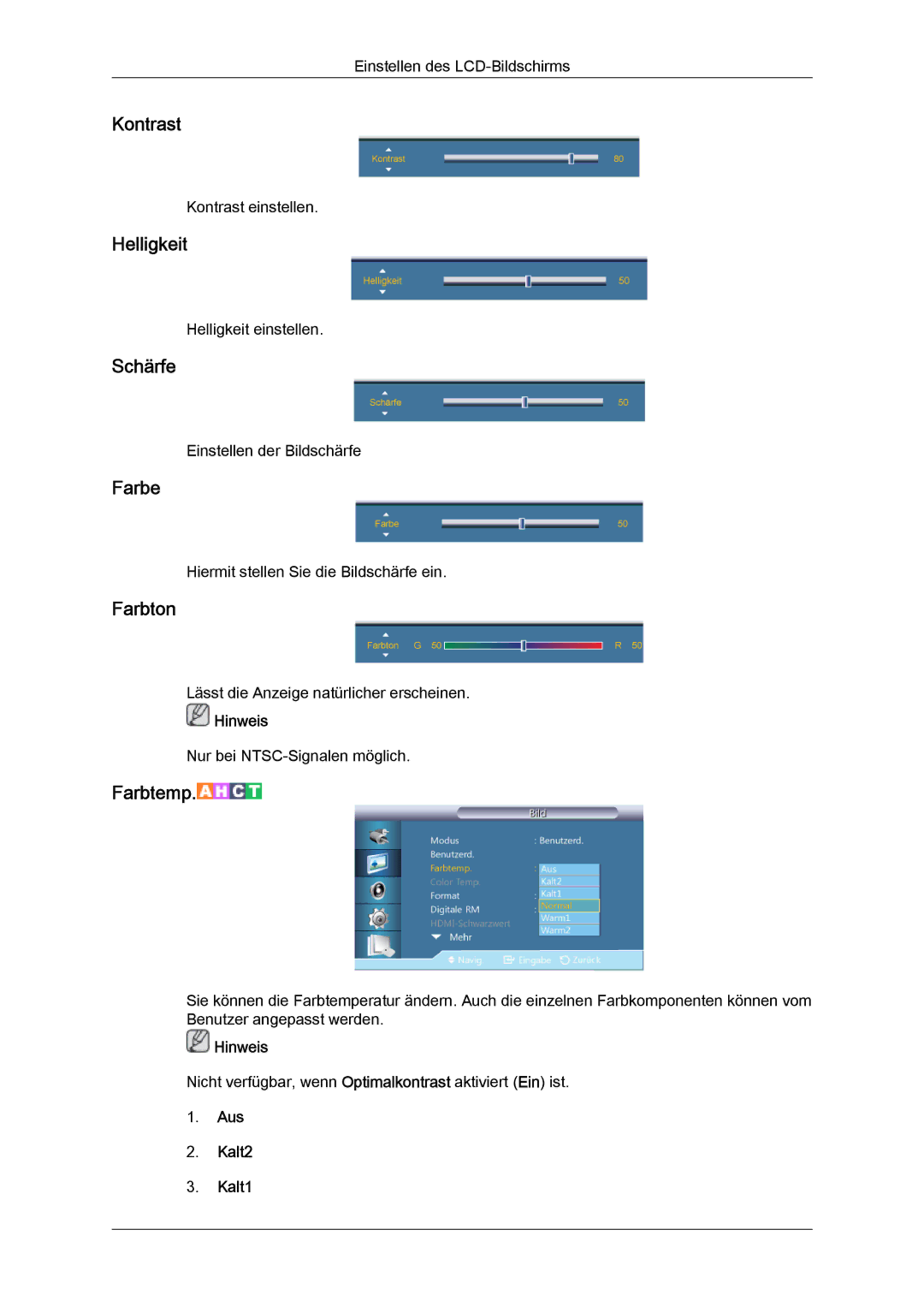 Samsung LH55CSPLBC/EN manual Kontrast, Helligkeit, Schärfe, Farbe, Farbton 