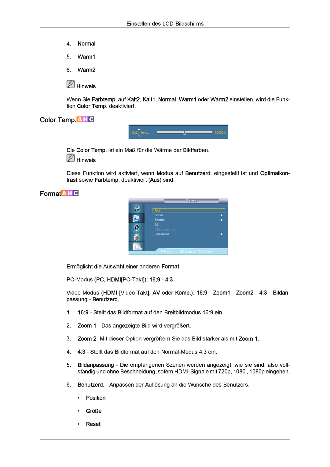 Samsung LH55CSPLBC/EN manual Normal Warm1 Warm2 Hinweis, Position Größe Reset 